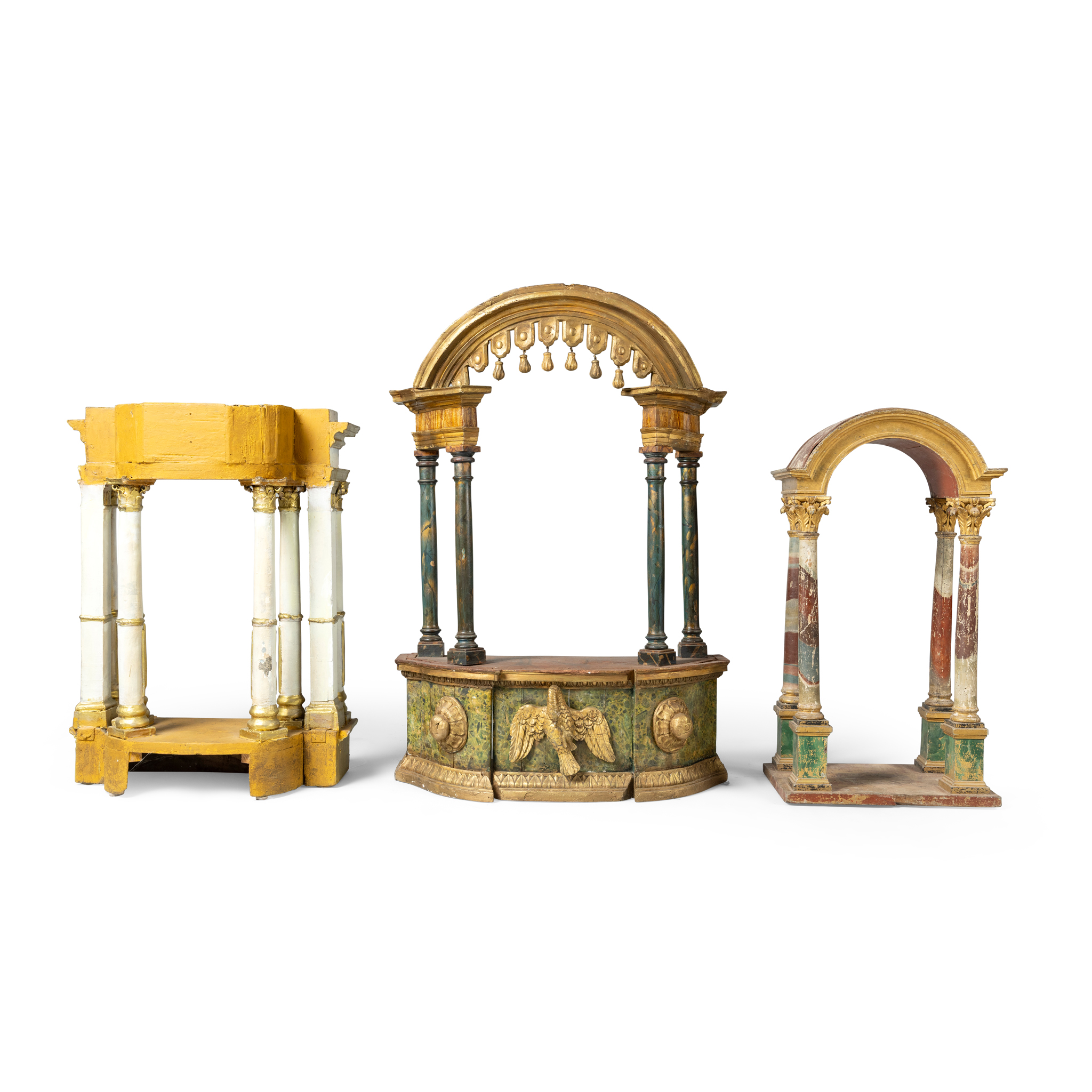 A COLLECTION OF FIVE POLYCHROME AND GILT DECORATED ARCHITECTURAL NICHES