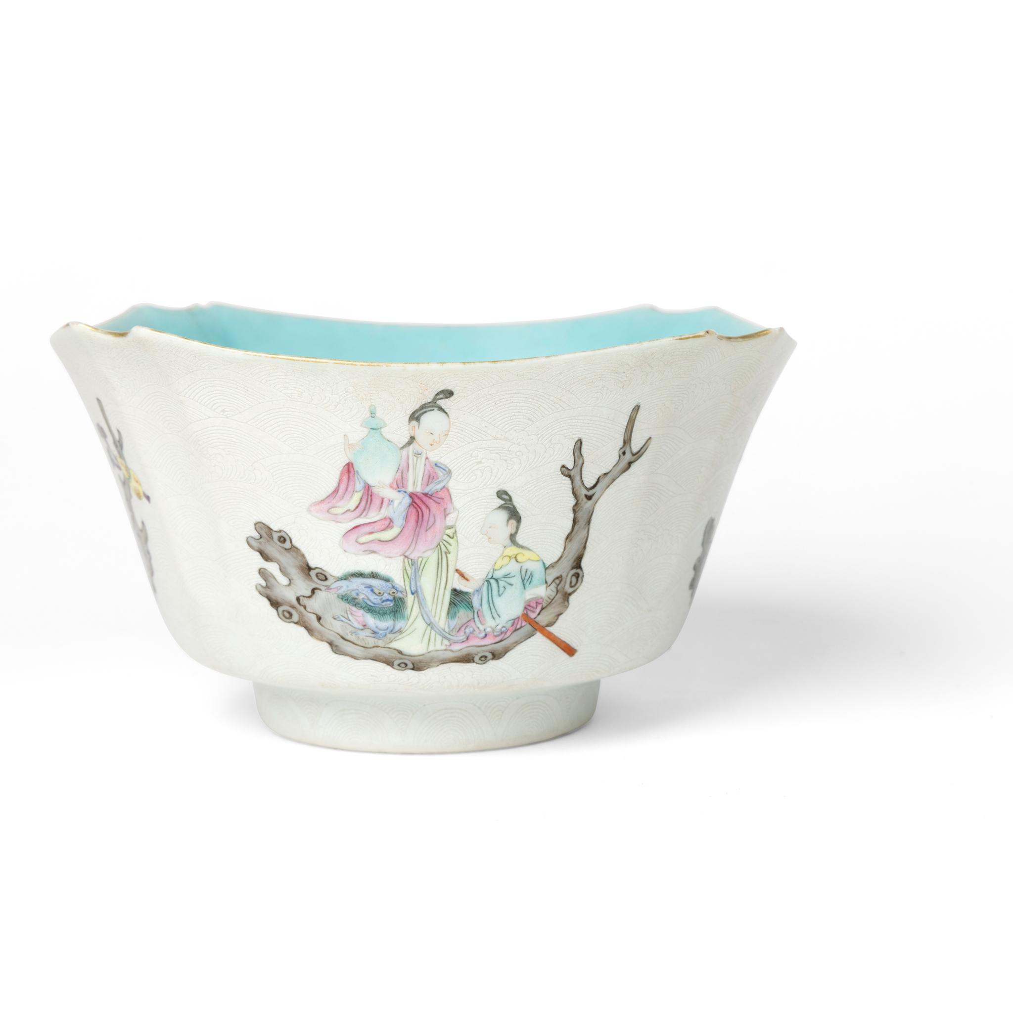 CHINESE FAMILLE ROSE SGRAFFITO-GROUND 'FEMALE IMMORTAL ON BOAT' BOWL