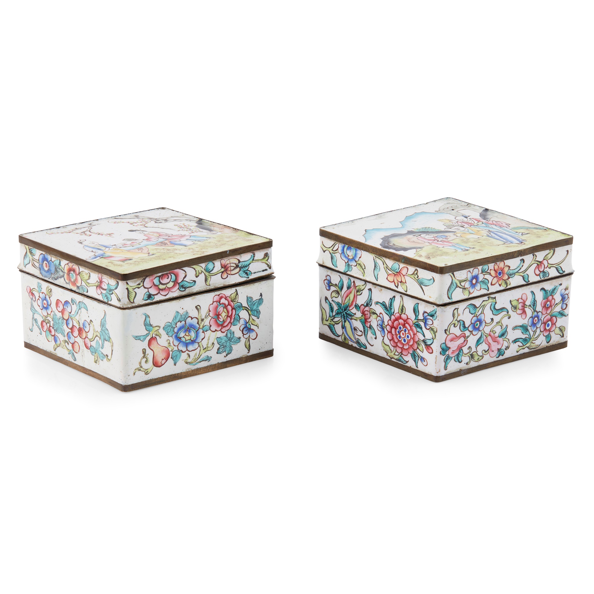 PAIR OF PAINTED ENAMEL SQUARE BOXES