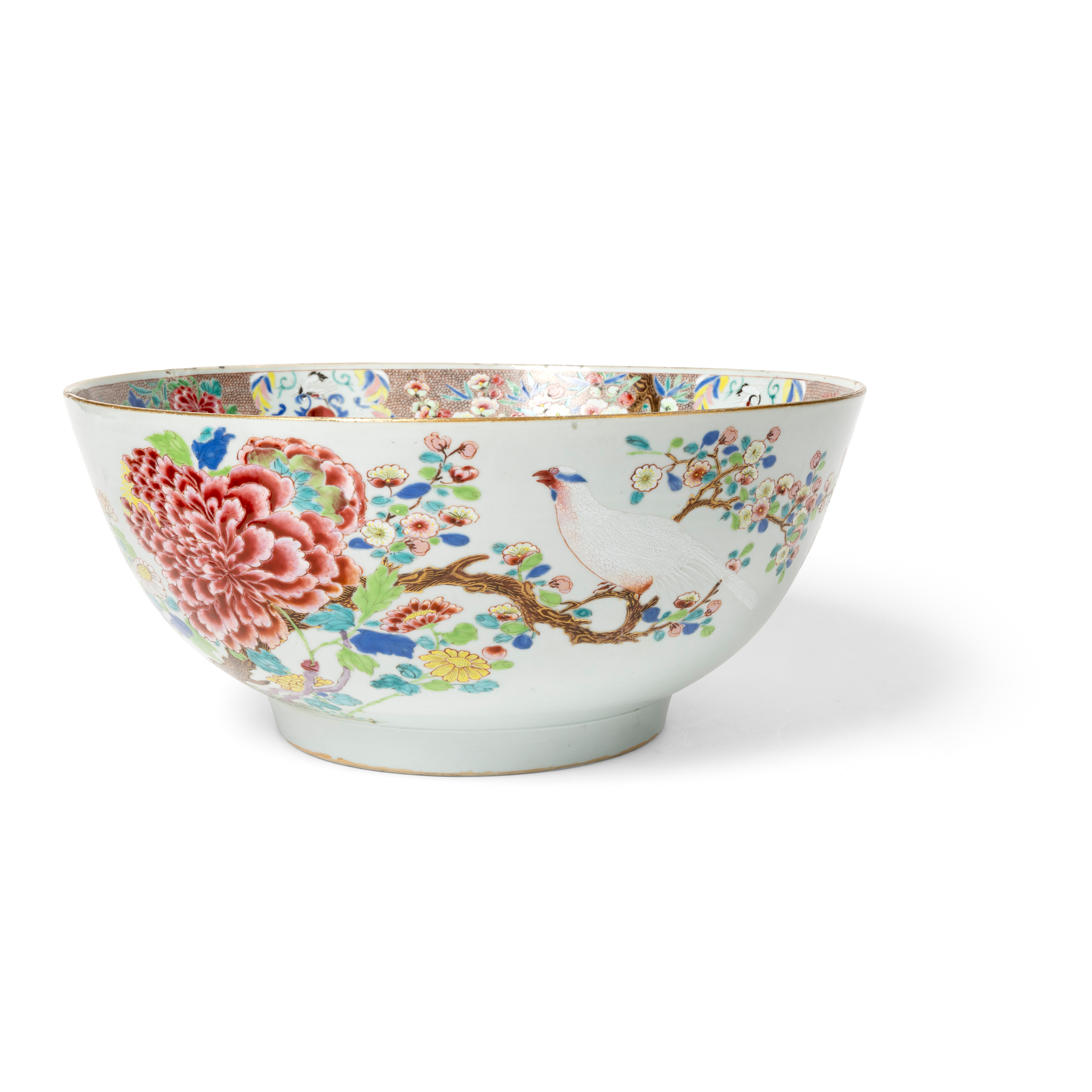 LARGE CHINESE EXPORT FAMILLE ROSE 'BIRD AND FLOWER' PUNCH BOWL