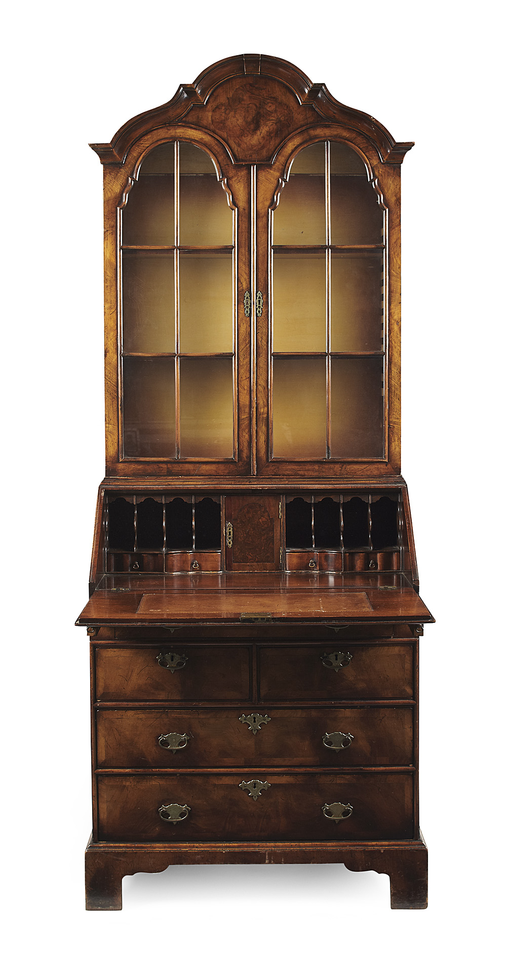 QUEEN ANNE STYLE WALNUT AND MAHOGANY BUREAU BOOKCASE