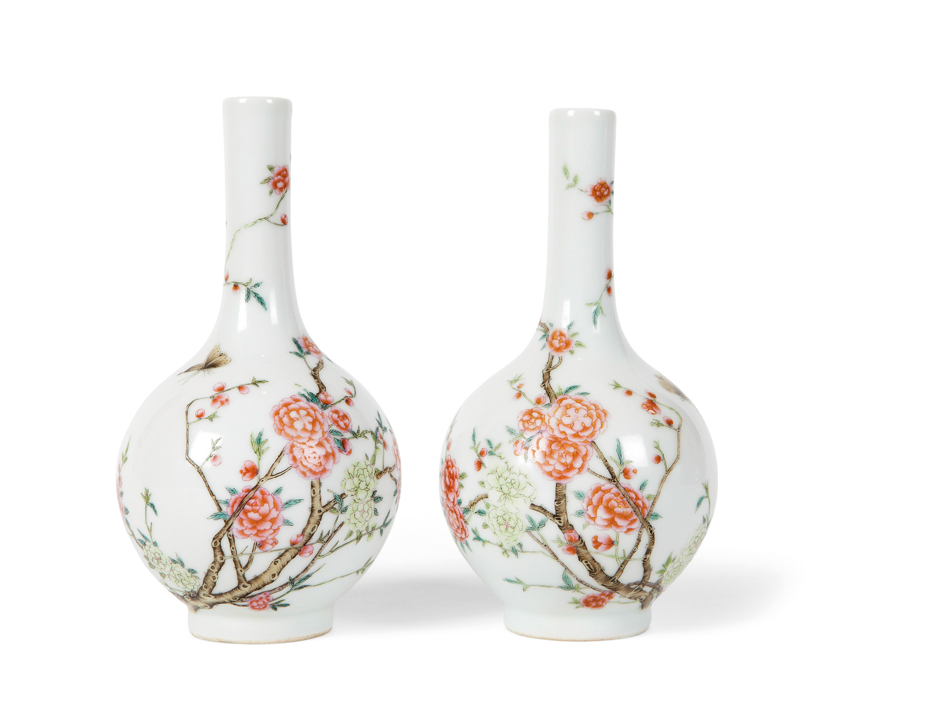 PAIR OF FAMILLE ROSE BOTTLE VASES