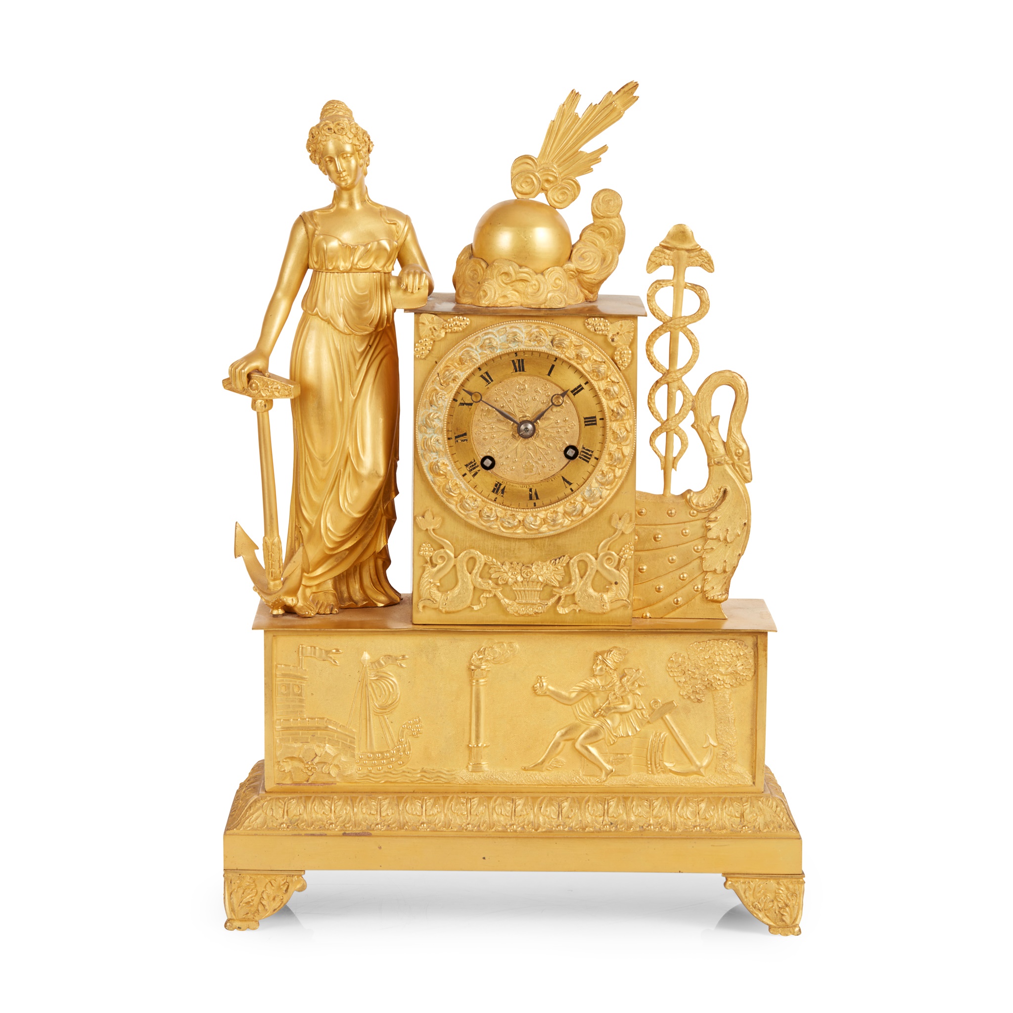 FRENCH EMPIRE GILT BRONZE FIGURAL MANTEL CLOCK