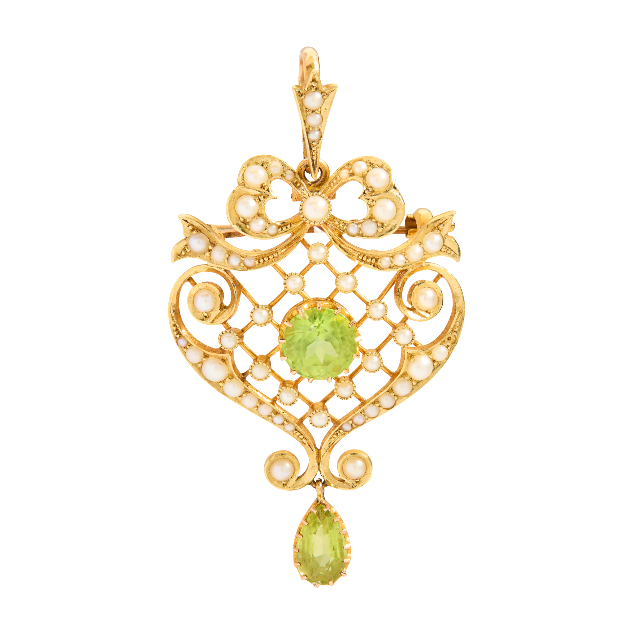 An early 20th century peridot and seed pearl pendant/brooch
