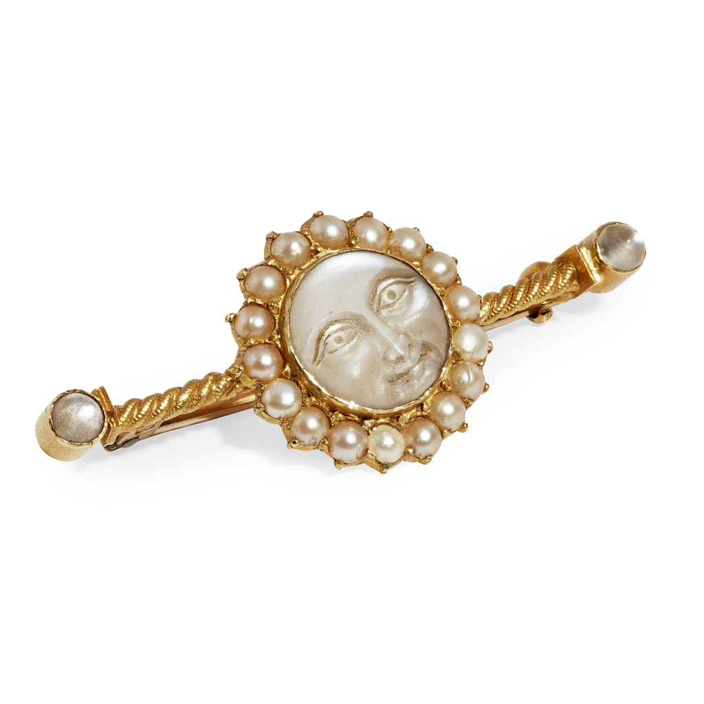 A moonstone and pearl set bar brooch