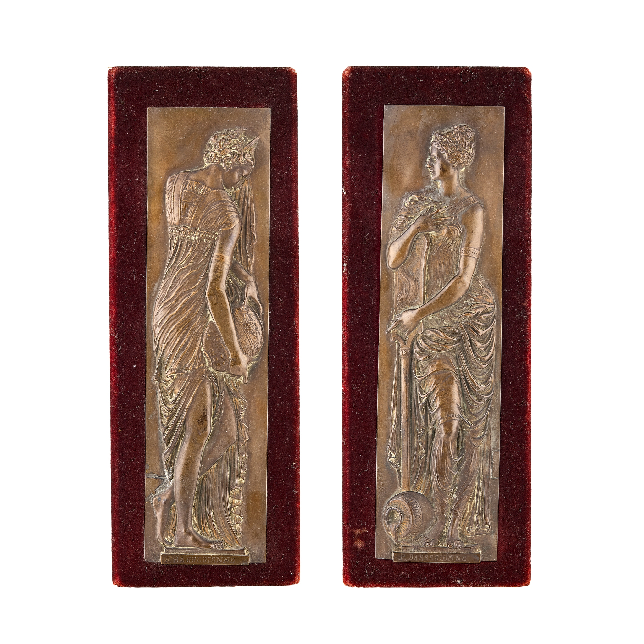 PAIR OF FRENCH BRONZE RELIEF PLAQUES OF NYMPHS, BY FERDINAND BARBEDIENNE