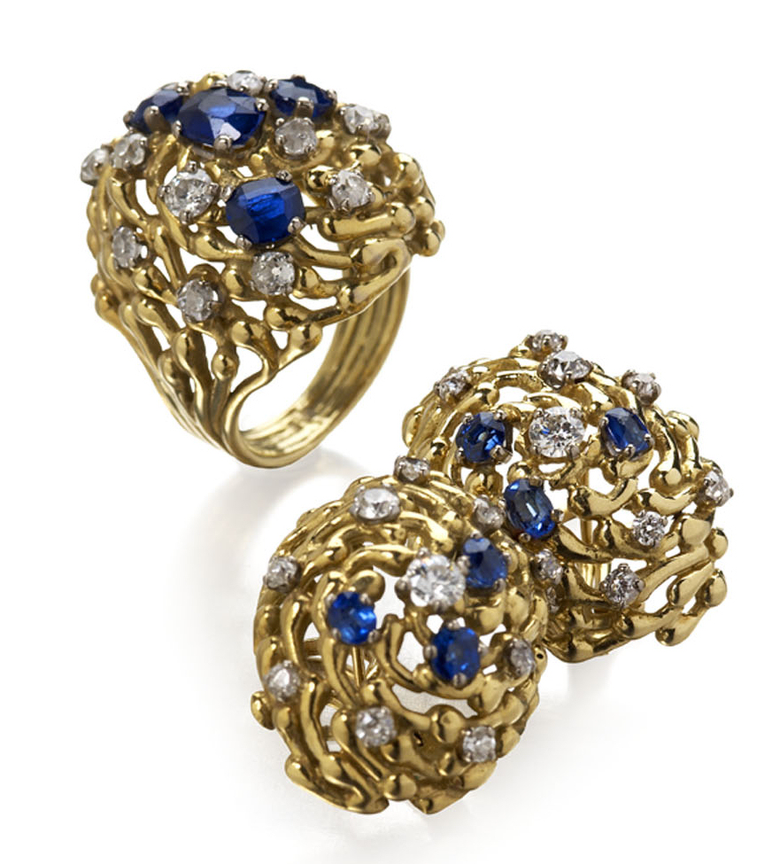 JOHN DONALD - a pair of 1970's 18ct gold earrings and a matching ring,