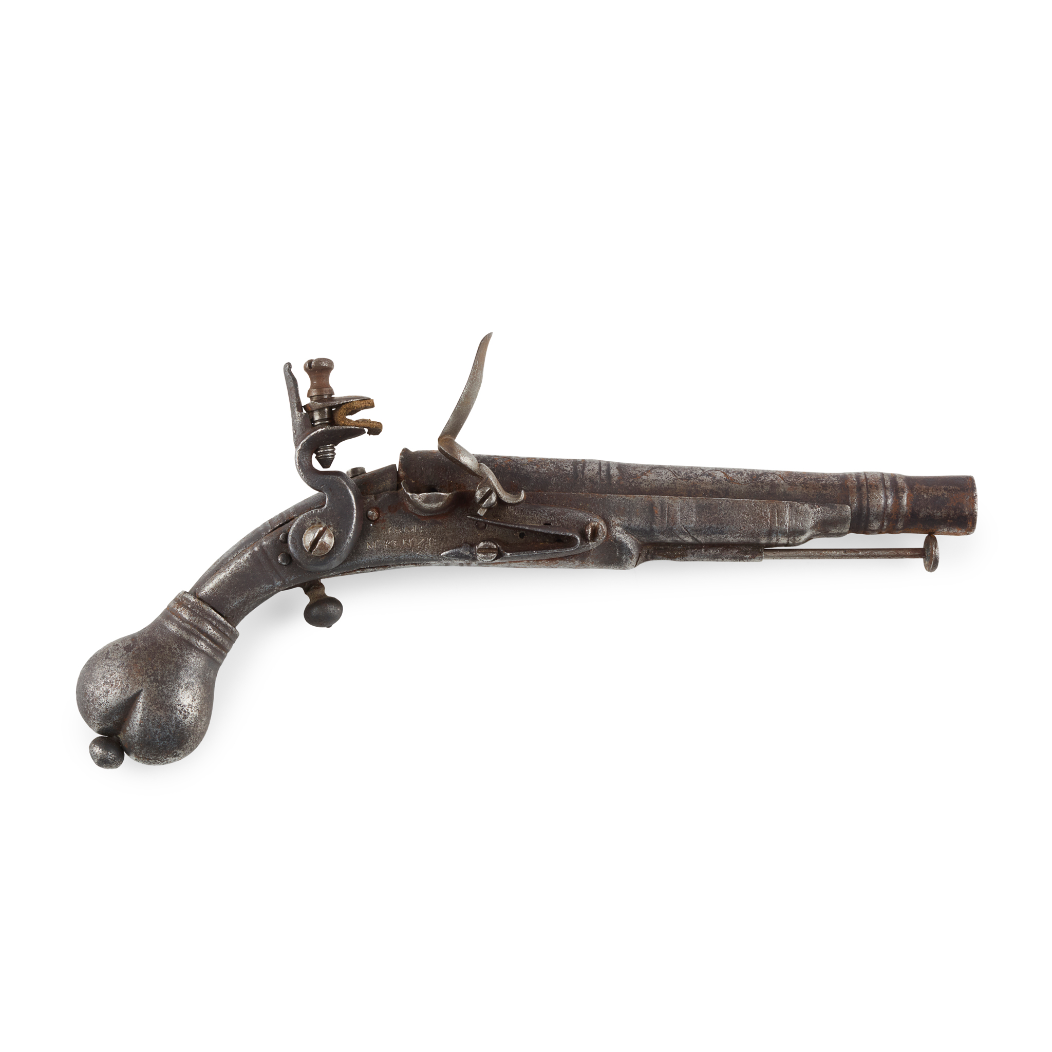 A MID-18TH CENTURY SCOTTISH ALL METAL FLINT LOCK HEART BUTT BELT PISTOL