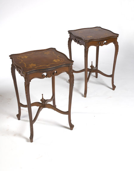 A pair walnut and floral marquetry occasional tables