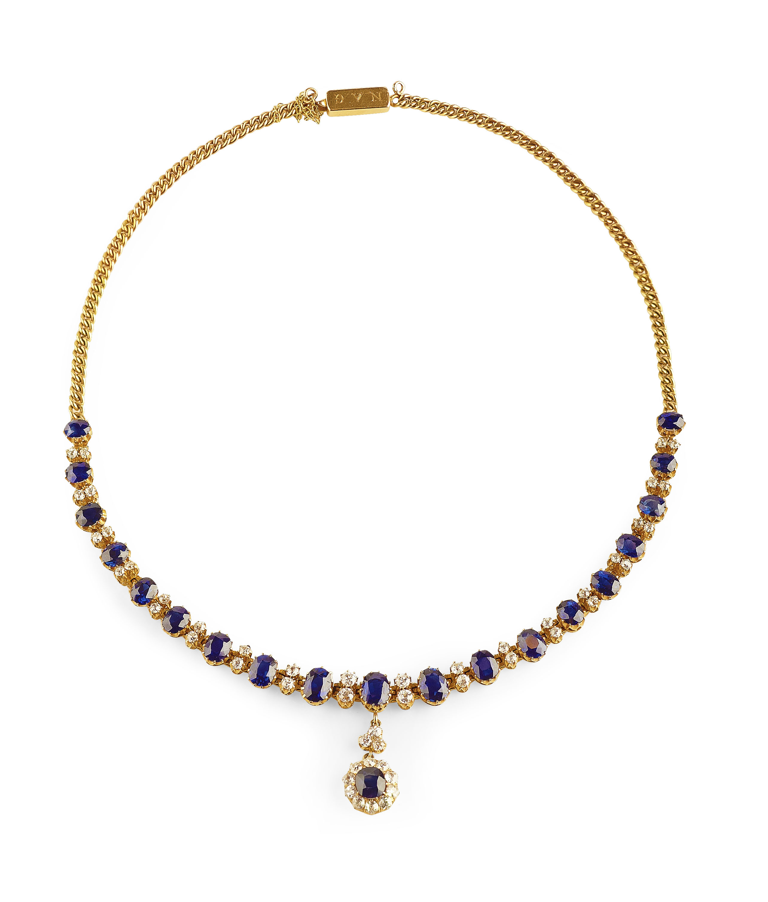 A 19th century 18ct yellow gold mounted sapphire and diamond set necklace,