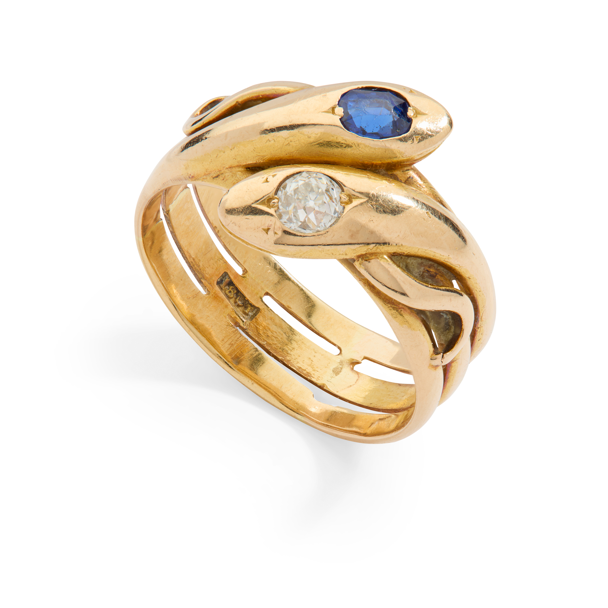 A sapphire and diamond double-headed snake ring