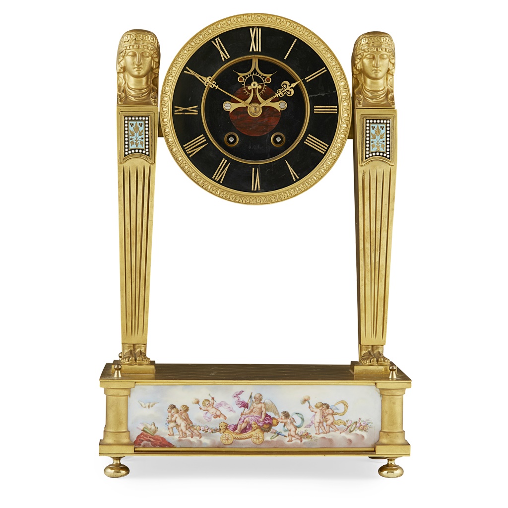 FRENCH ROMAN REVIVAL GILT BRONZE, SLATE, MARBLE AND PORCELAIN MANTEL CLOCK