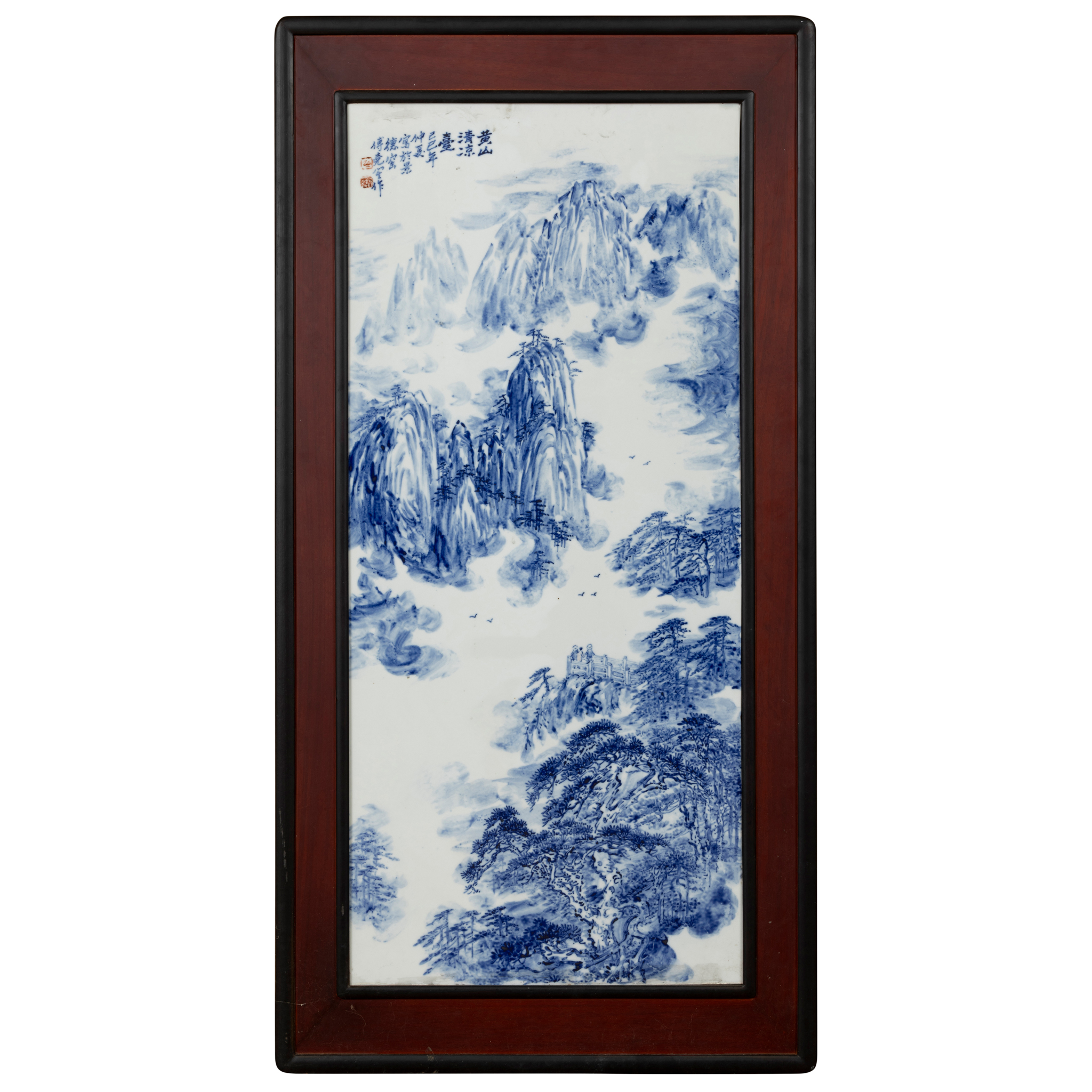 CHINESE BLUE AND WHITE 'MOUNT QINGLIANG' PORCELAIN PLAQUE