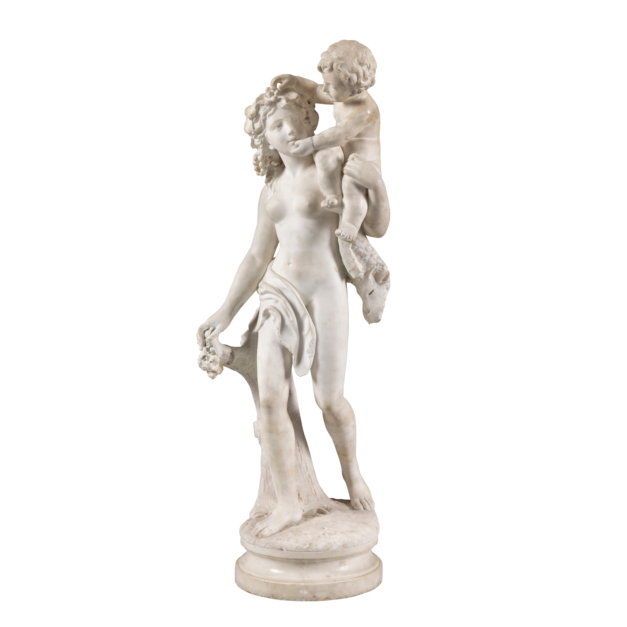A CARRARA MARBLE FIGURE GROUP OF BACCANATE AND A YOUNG BACCHUS, FRANCISCO BIENAIME (ITALIAN, ACTIVE 1844 - 1871)