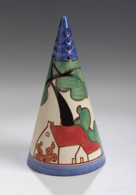 A Clarice Cliff conical sugar sifter