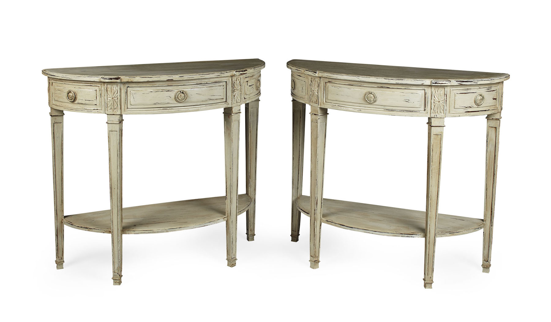 PAIR OF CREAM PAINTED DEMI-LUNE CONSOLE TABLES