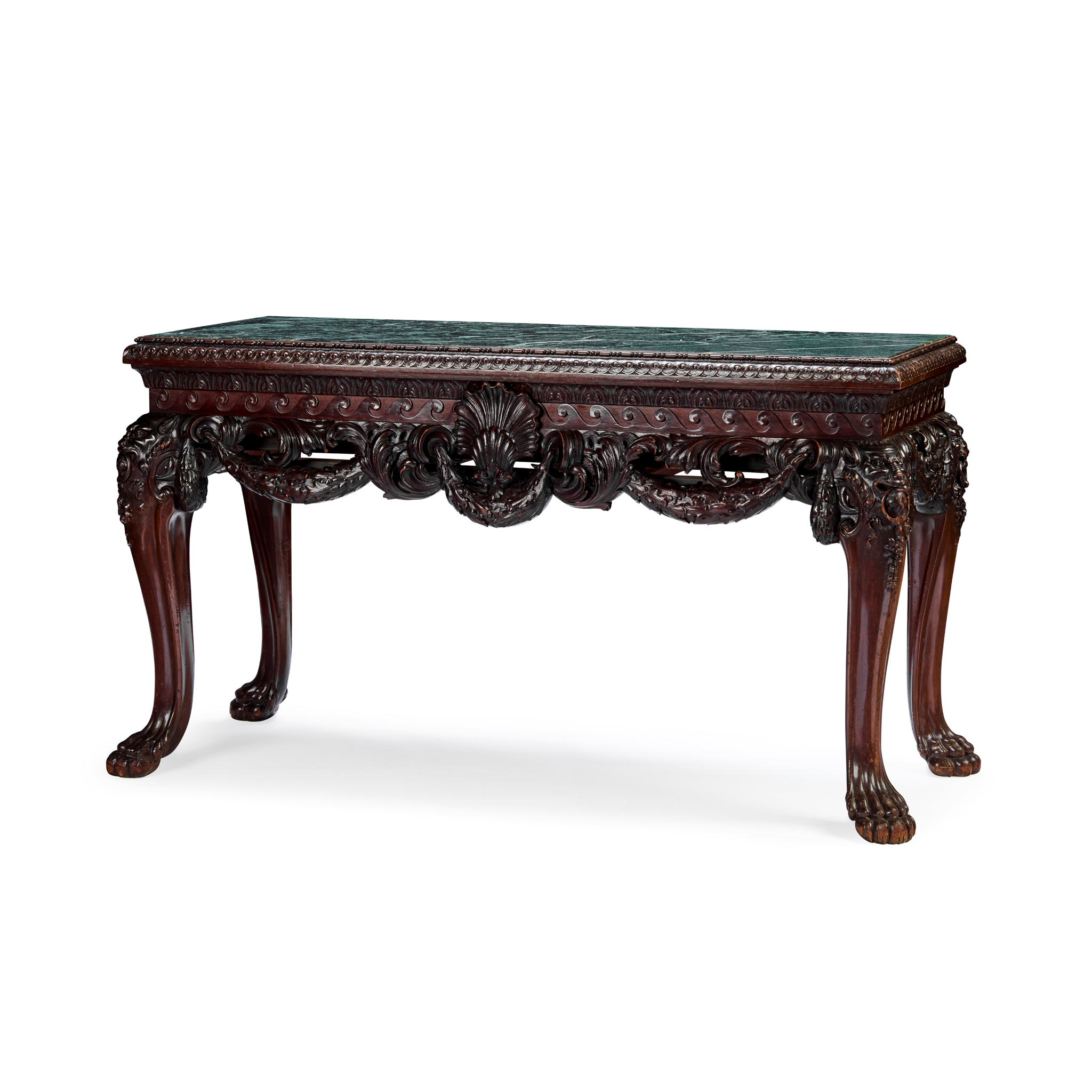 GEORGE II STYLE MAHOGANY VERDE ANTICO MARBLE TOPPED CONSOLE TABLE