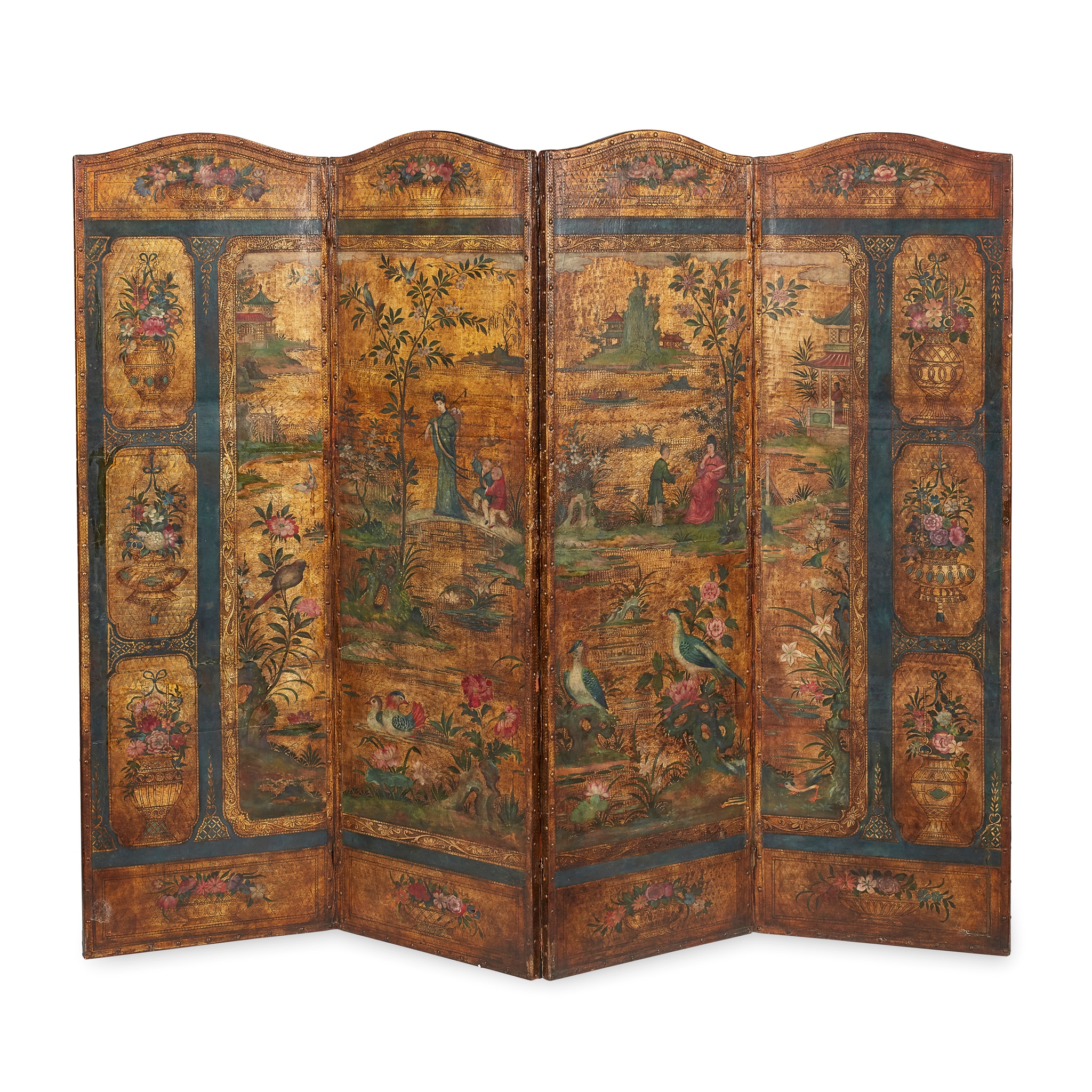LEATHER PAINTED FOUR-FOLD SCREEN