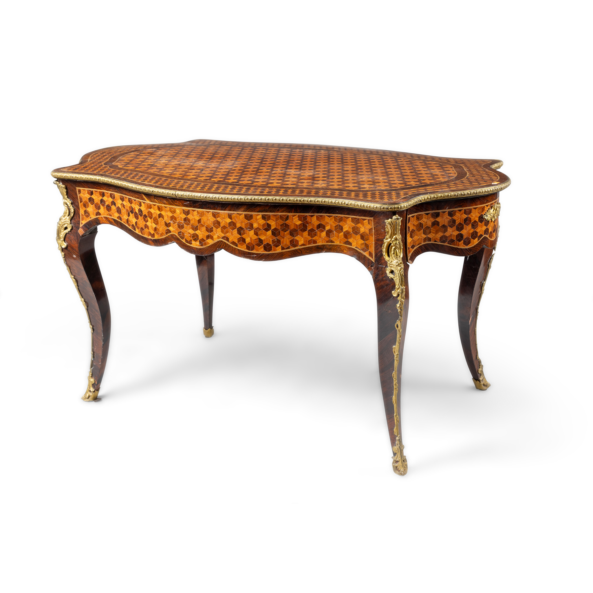 A ROSEWOOD AND PARQUETRY INLAID AND GILT METAL MOUNTED CENTRE TABLE