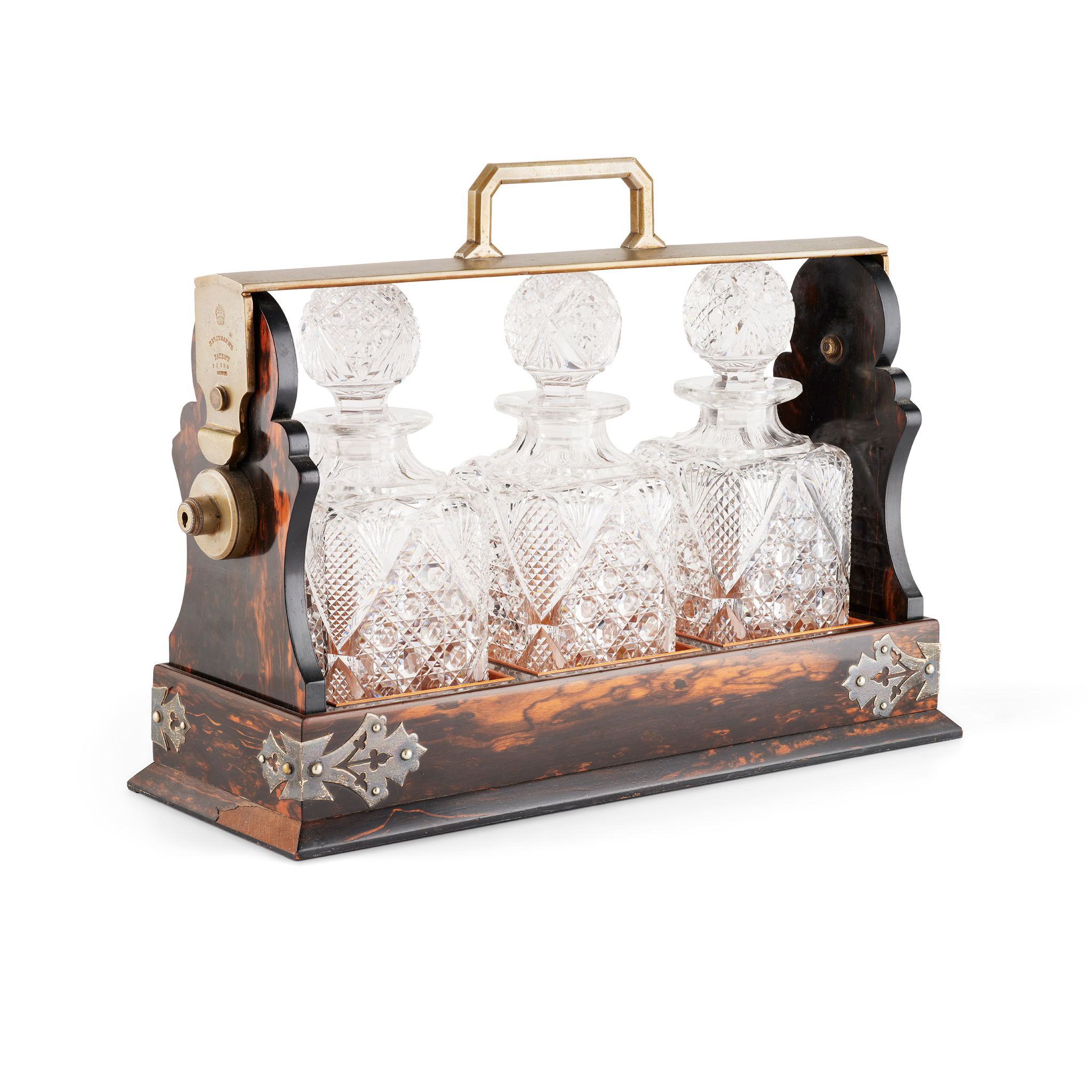 EDWARDIAN BETJEMANN’S PATENT COROMANDEL THREE BOTTLE TANTALUS