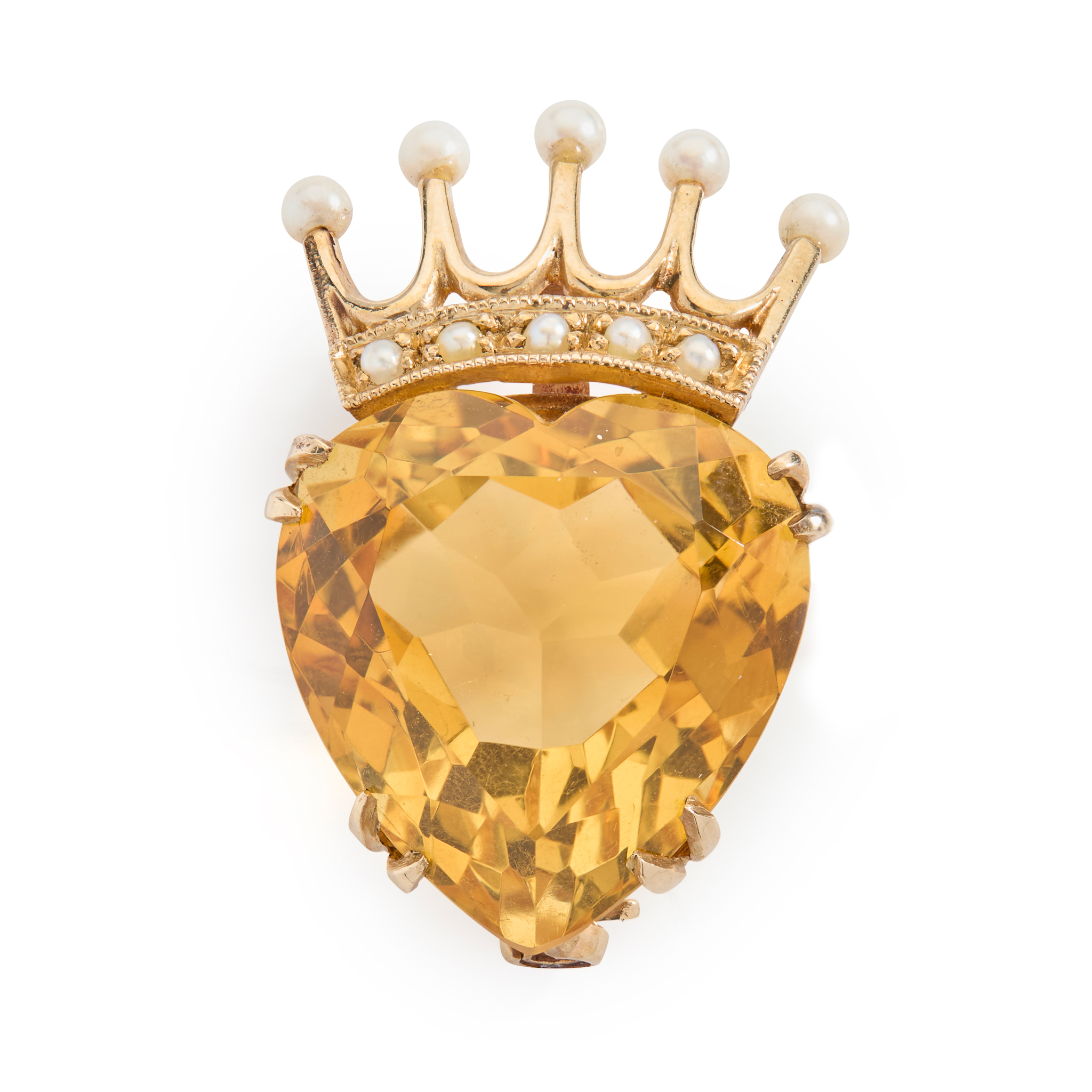 A Scottish 9ct gold citrine and seed pearl crowned heart brooch