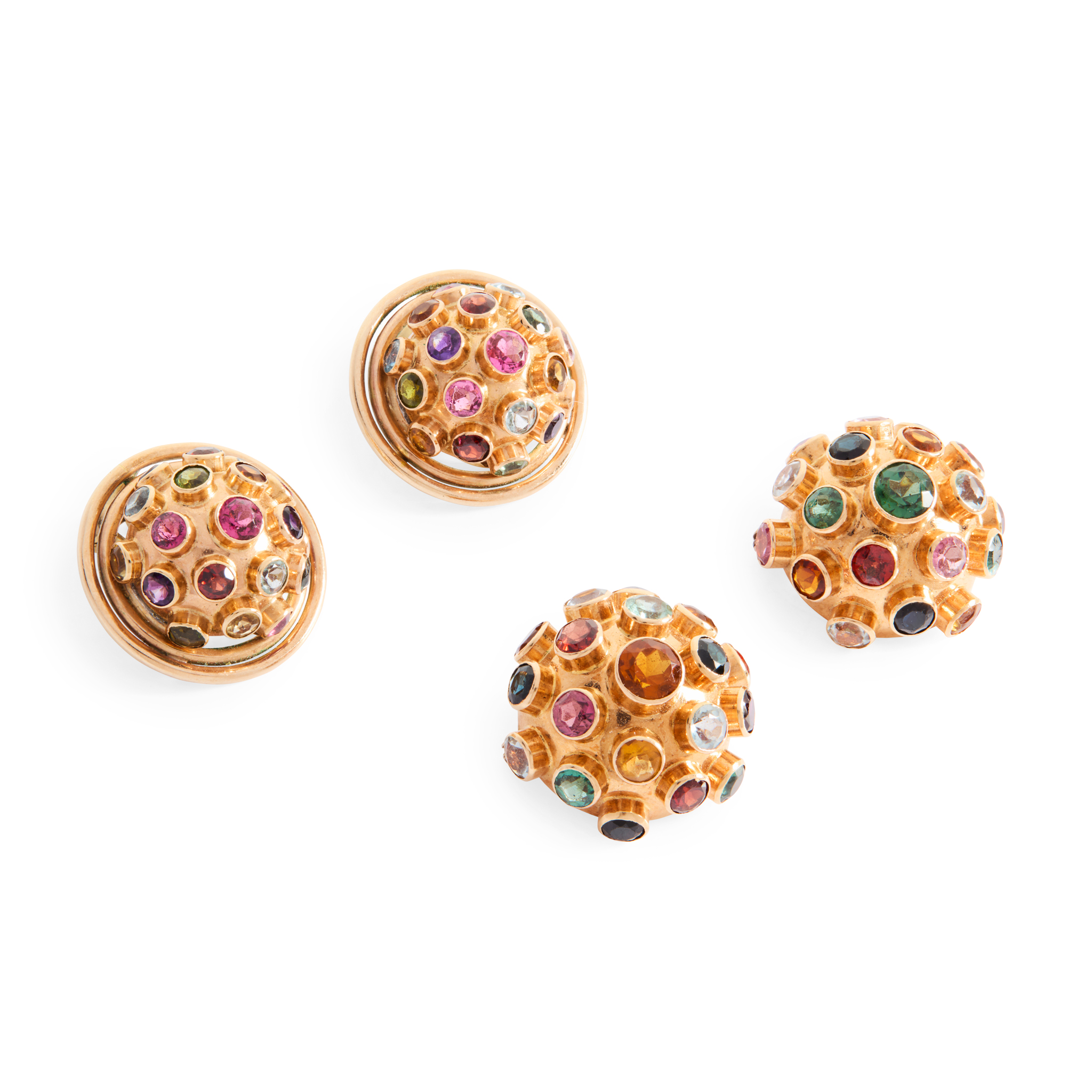 A pair of gem-set Sputnik earrings and matching brooches