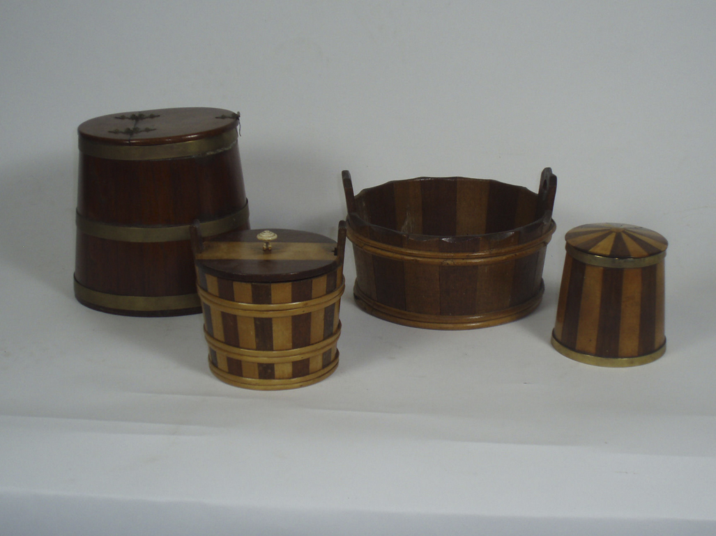 A mid 19th century Scottish treen staved cross banded pot