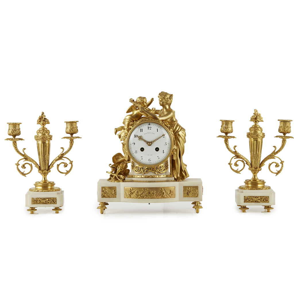 FRENCH GILT BRONZE AND MARBLE THREE PIECE CLOCK GARNITURE, SAMUEL MARTI, PARIS