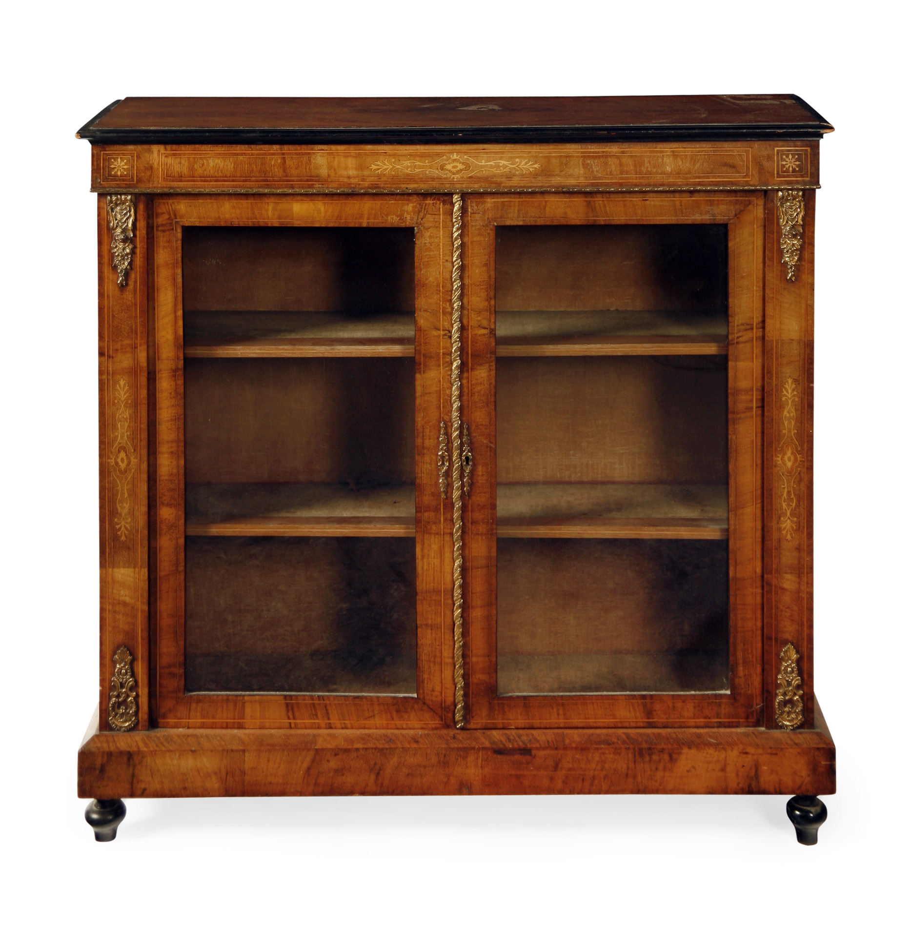 VICTORIAN WALNUT AND EBONISED BRASS MOUNTED DISPLAY CABINET