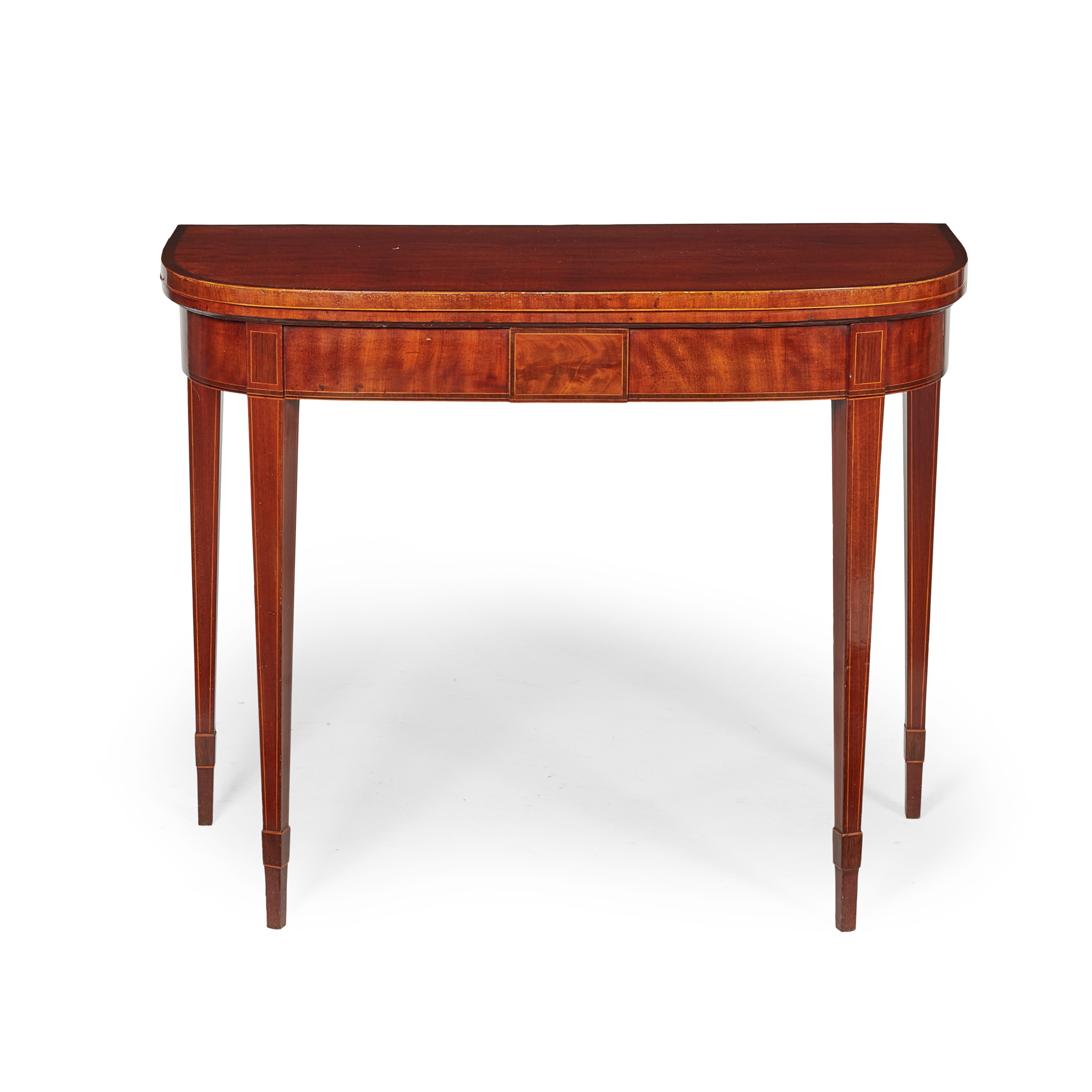 LATE GEORGE III MAHOGANY, AMARANTH, AND LINE INLAID FOLD-OVER CARD TABLE