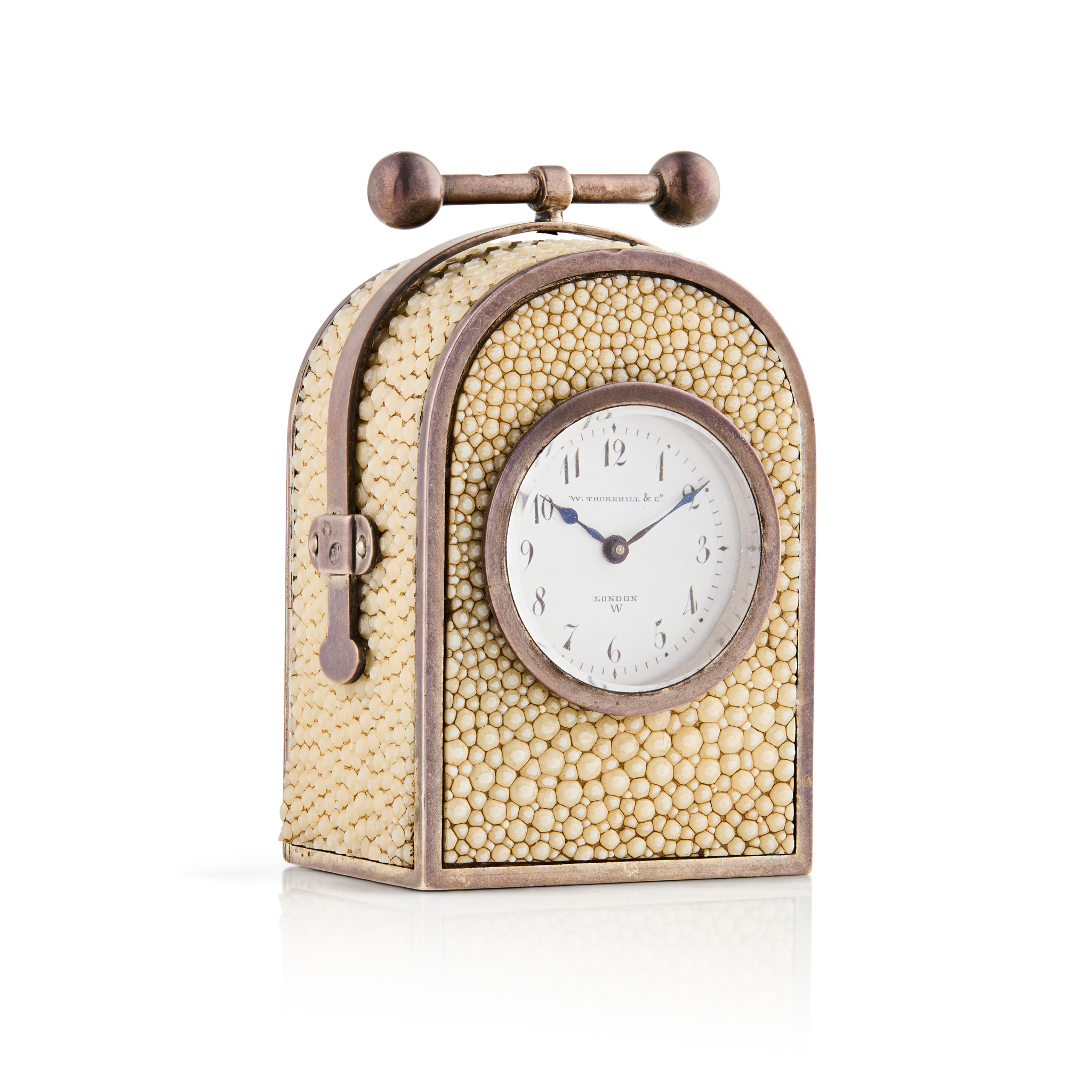 VICTORIAN SILVER AND SHAGREEN MINIATURE DESK CLOCK, WALTER THORNHILL & CO, LONDON