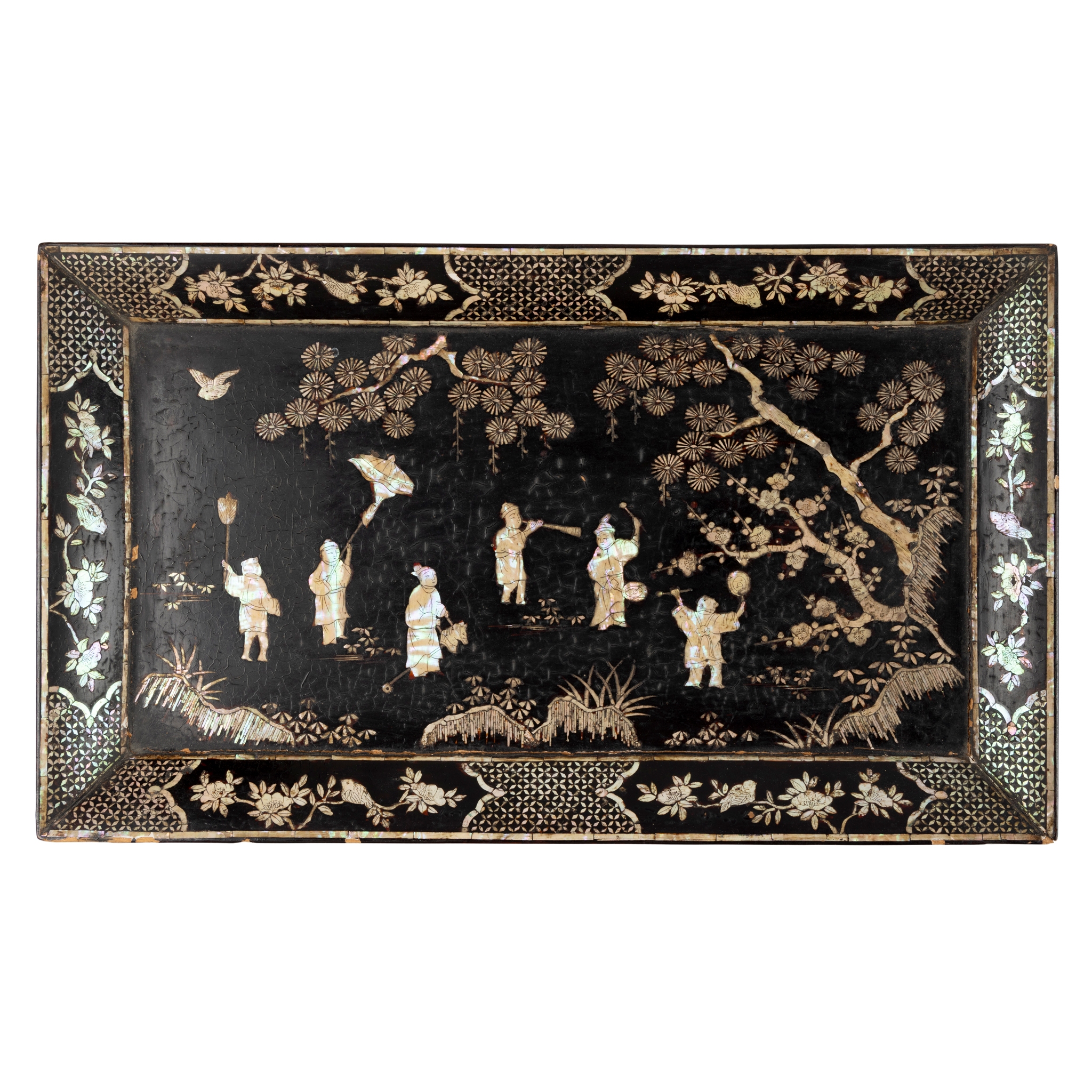 CHINESE MOTHER-OF-PEARL-INLAID BLACK LACQUER TRAY