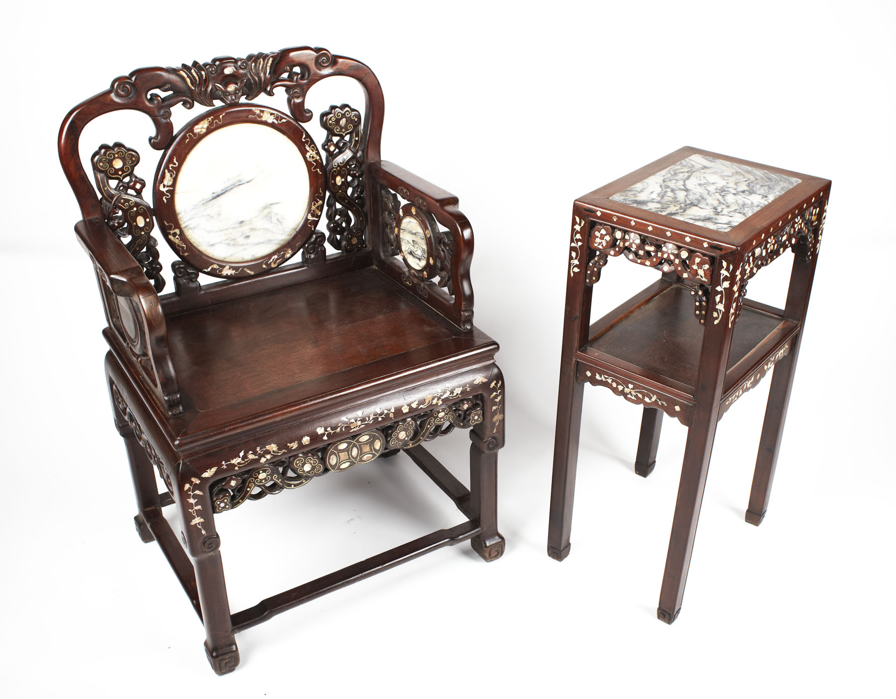 PAIR OF CHINESE ROSEWOOD AND MOTHER OF PEARL INLAID CHAIRS