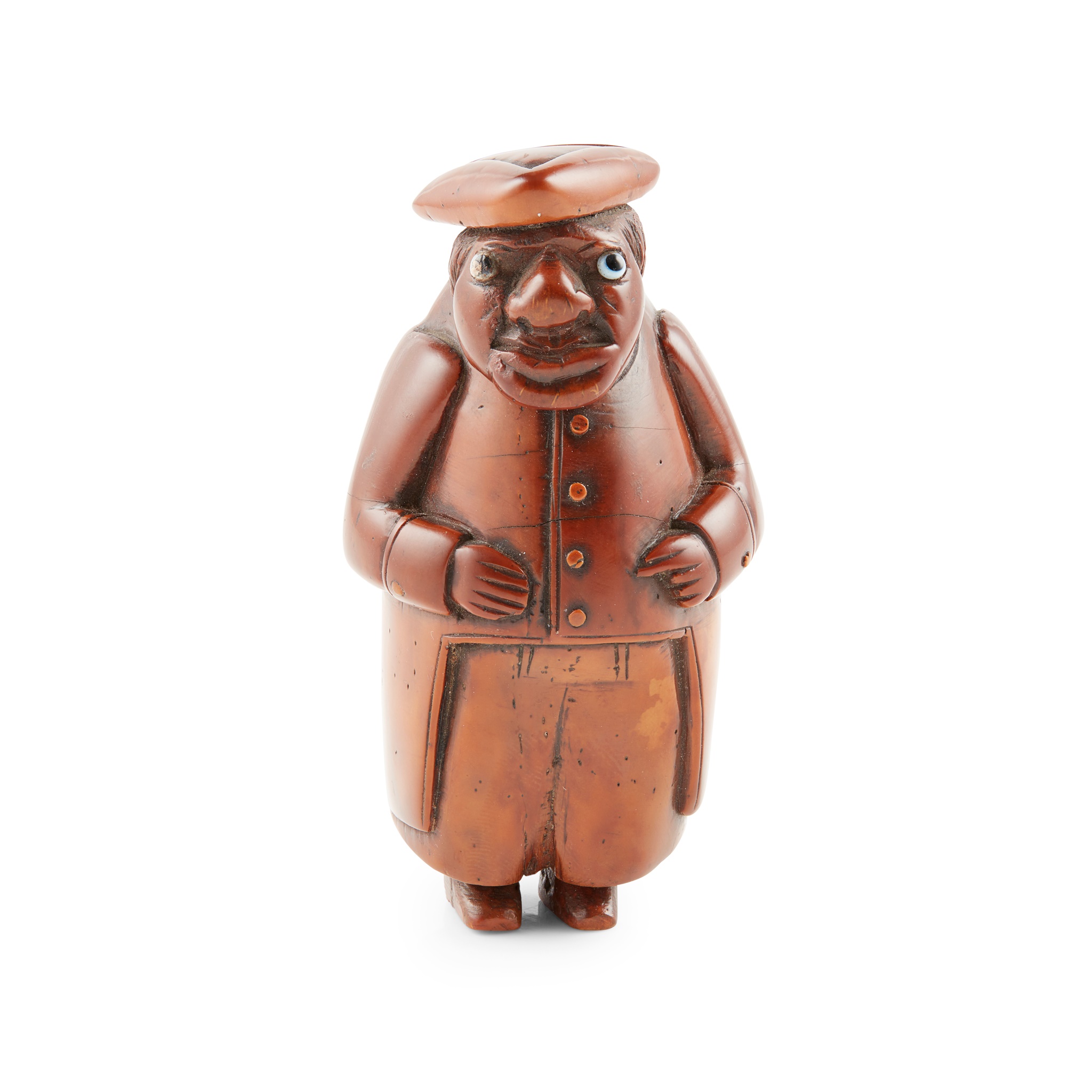CARVED COQUILLA NUT CHARACTER SNUFF BOX