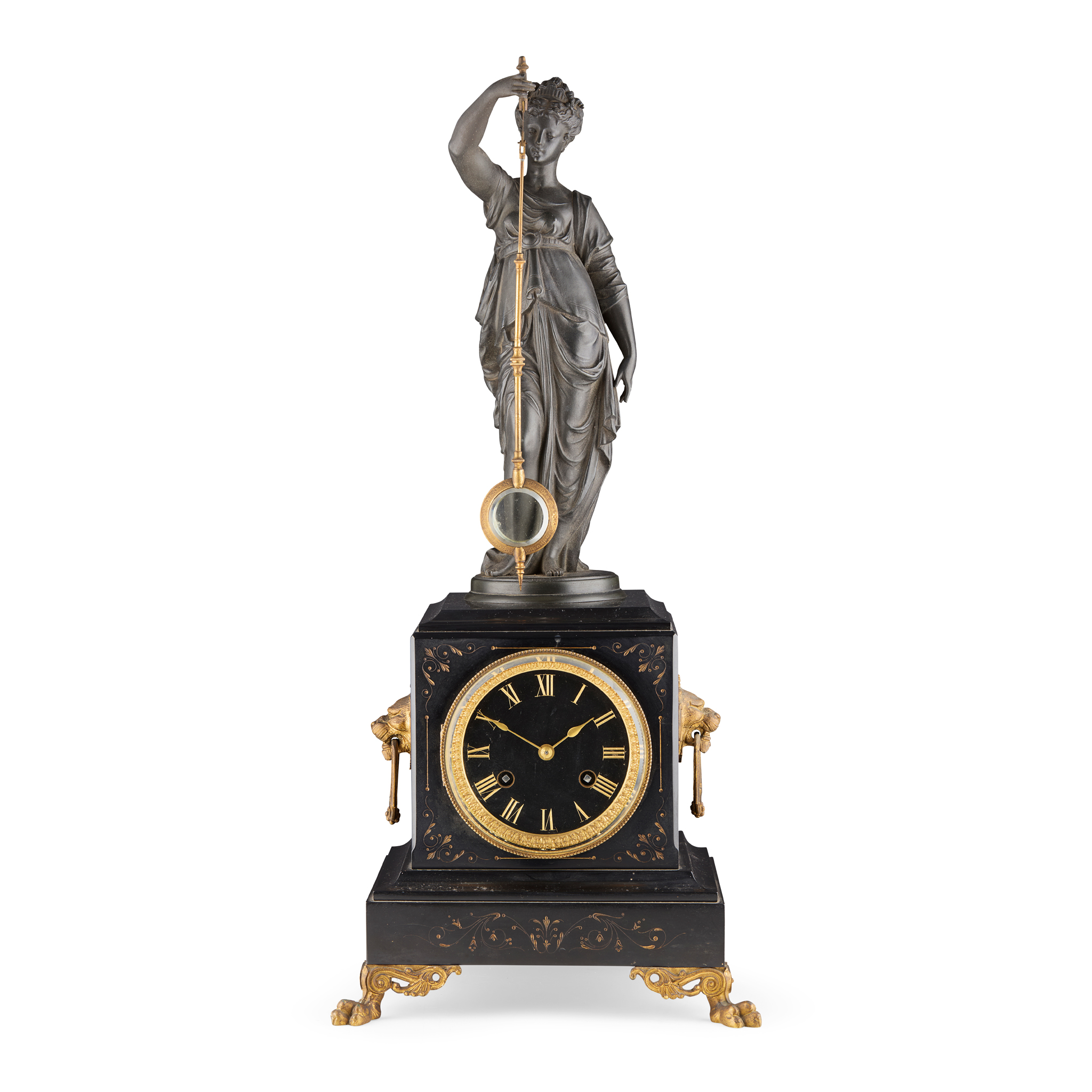FRENCH MARBLE, GILT METAL AND SPELTER FIGURAL MYSTERY CLOCK, BY GUILMET