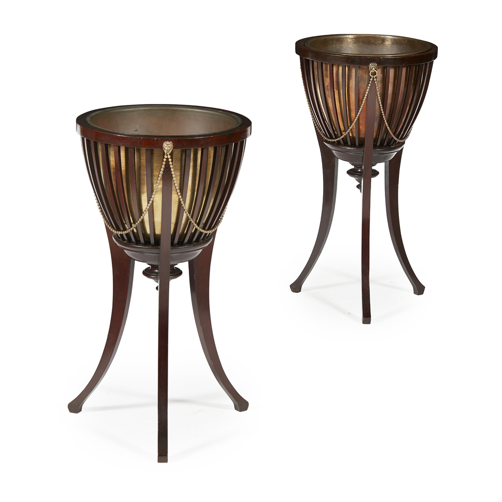PAIR OF MAHOGANY AND BRASS JARDINIERES, BY JAMES SHOOLBRED & CO.