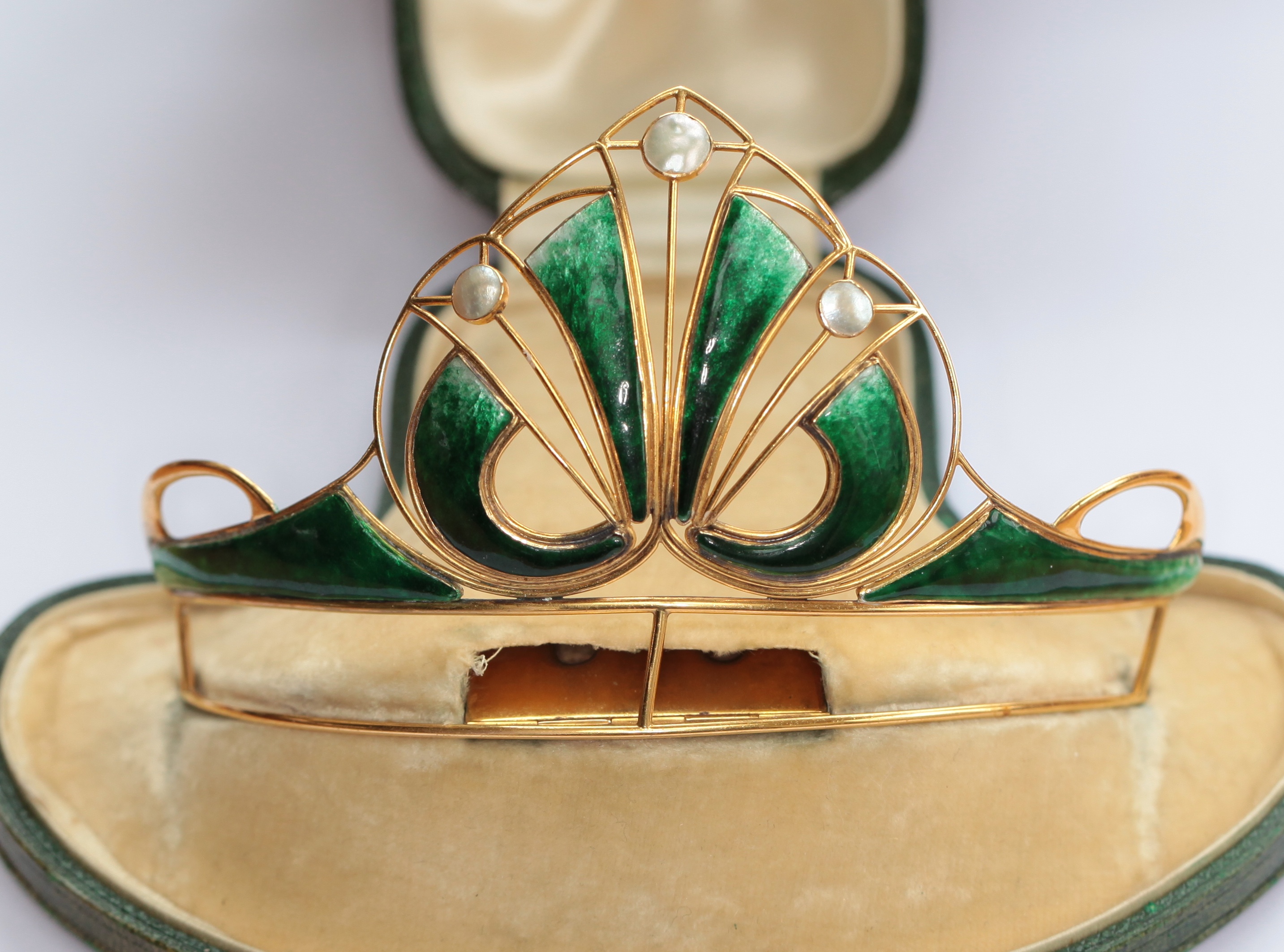 An early 20th century Scottish green enamel and blister pearl set tiara