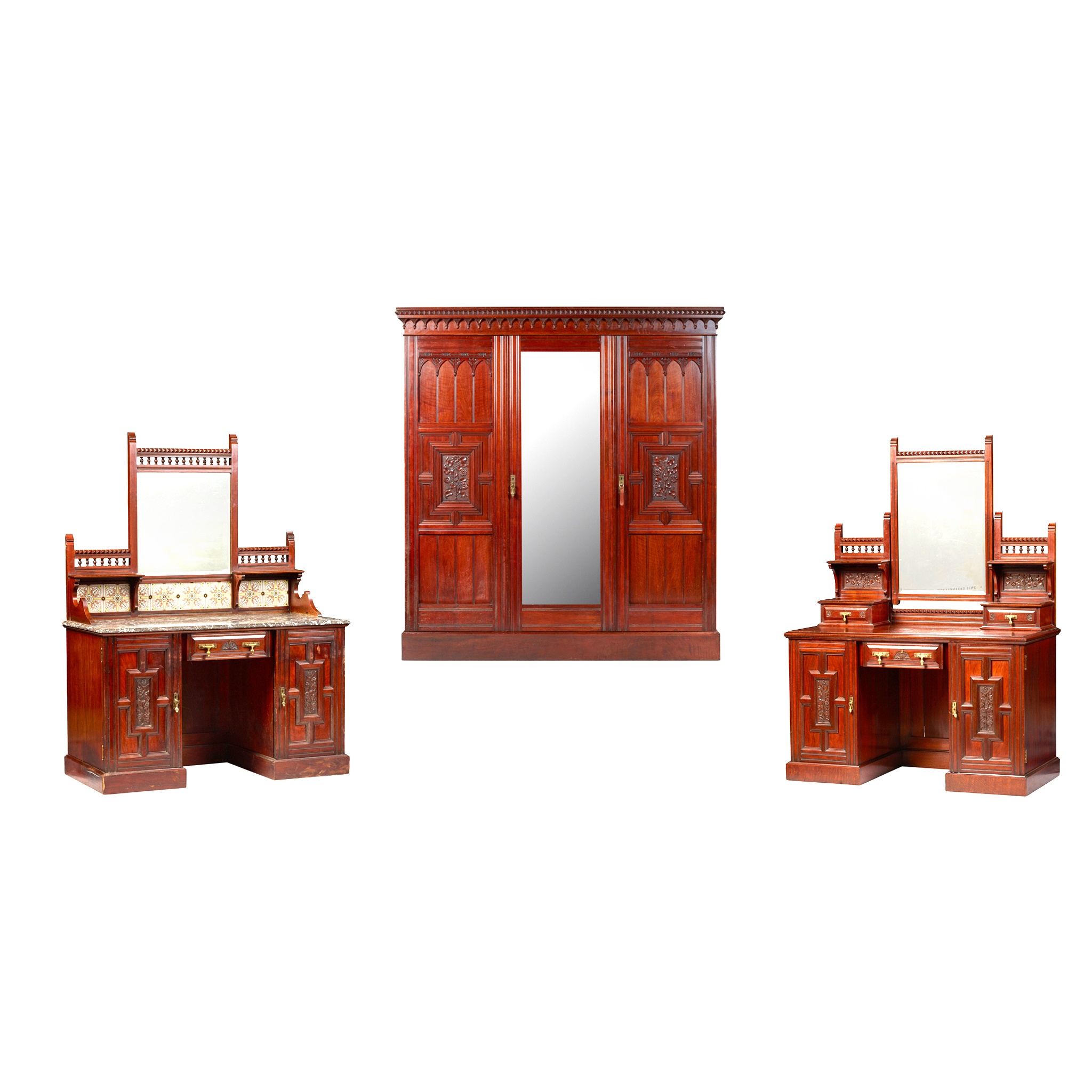 VICTORIAN AESTHETIC PERIOD MAHOGANY AND SATIN BIRCH THREE PIECE BEDROOM SUITE, BY MAPLE & CO.