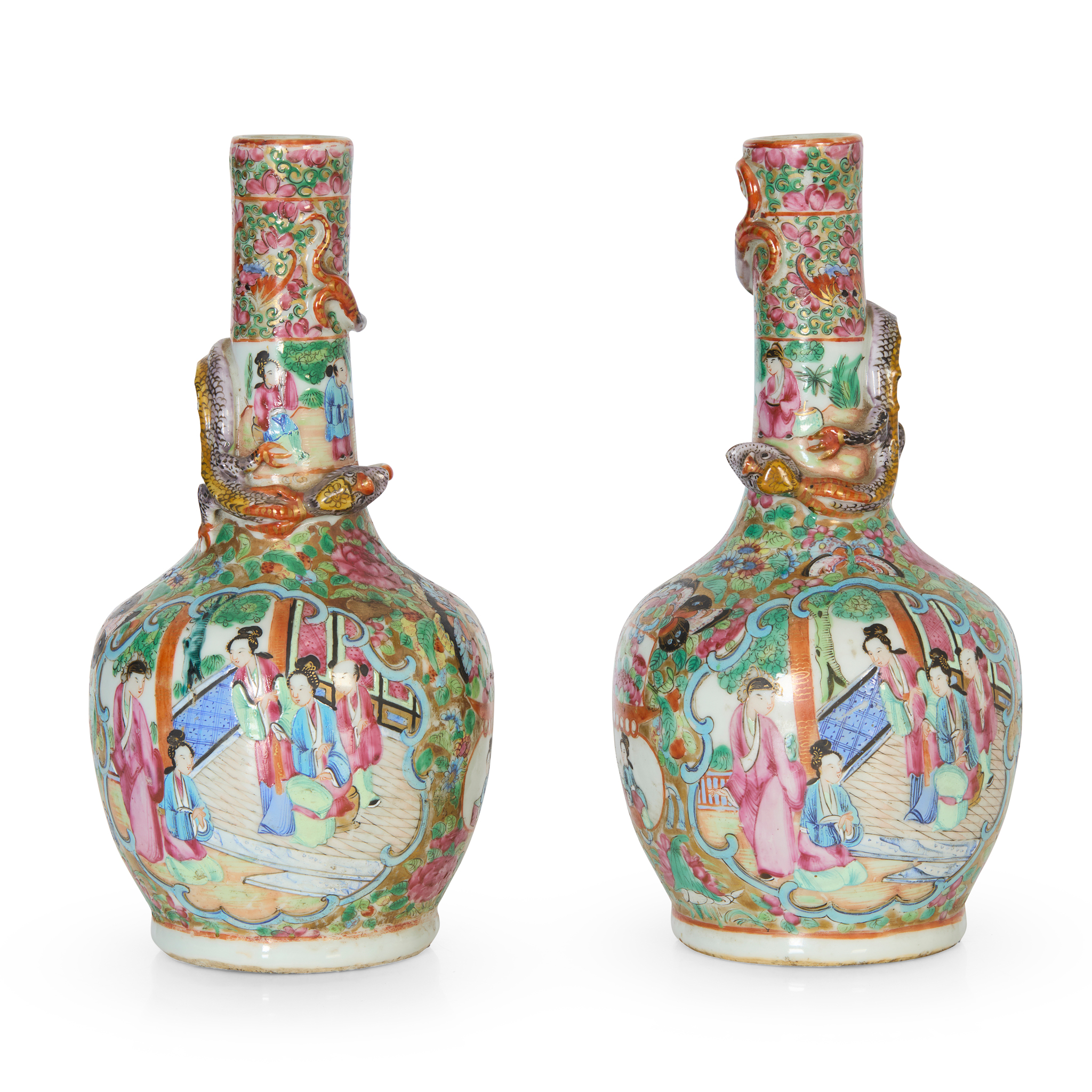 PAIR OF CHINESE CANTON FAMILLE ROSE 'CHI-DRAGON' VASES