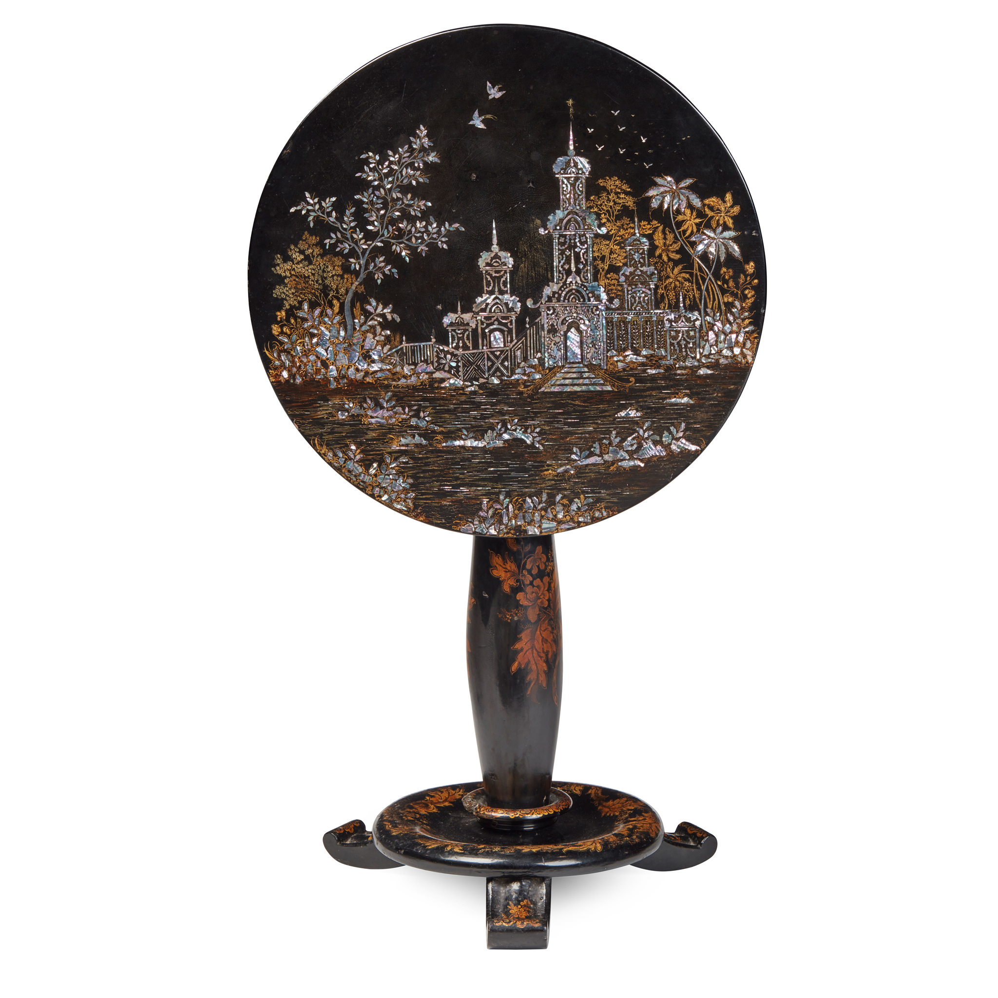 EARLY VICTORIAN MOTHER-OF-PEARL INLAID PAPIER MACHE OCCASIONAL TABLE, IN THE MANNER OF JENNENS AND BETTRIDGE