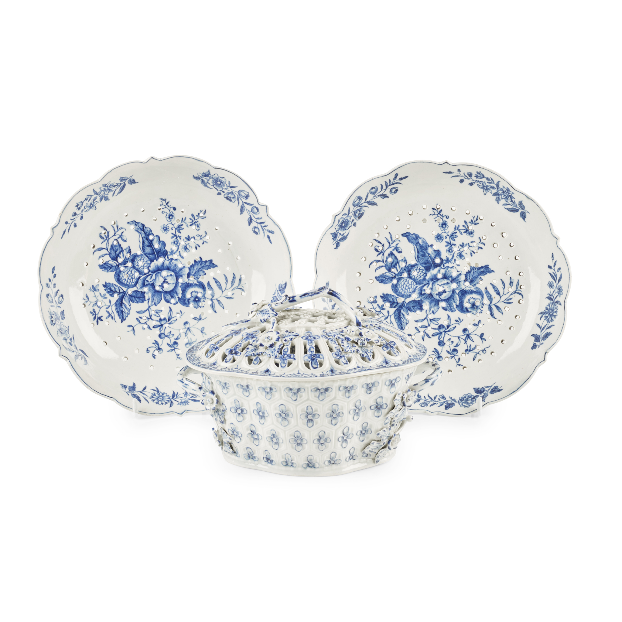 WORCESTER CHESTNUT BASKET AND COVER AND A PAIR OF PIERCED STRAWBERRY DISHES