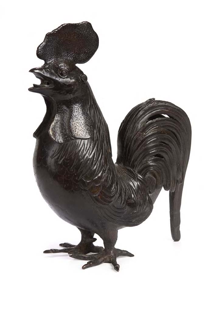 A Japanese bronze incense burner in the form of a cockerel, 19th century,