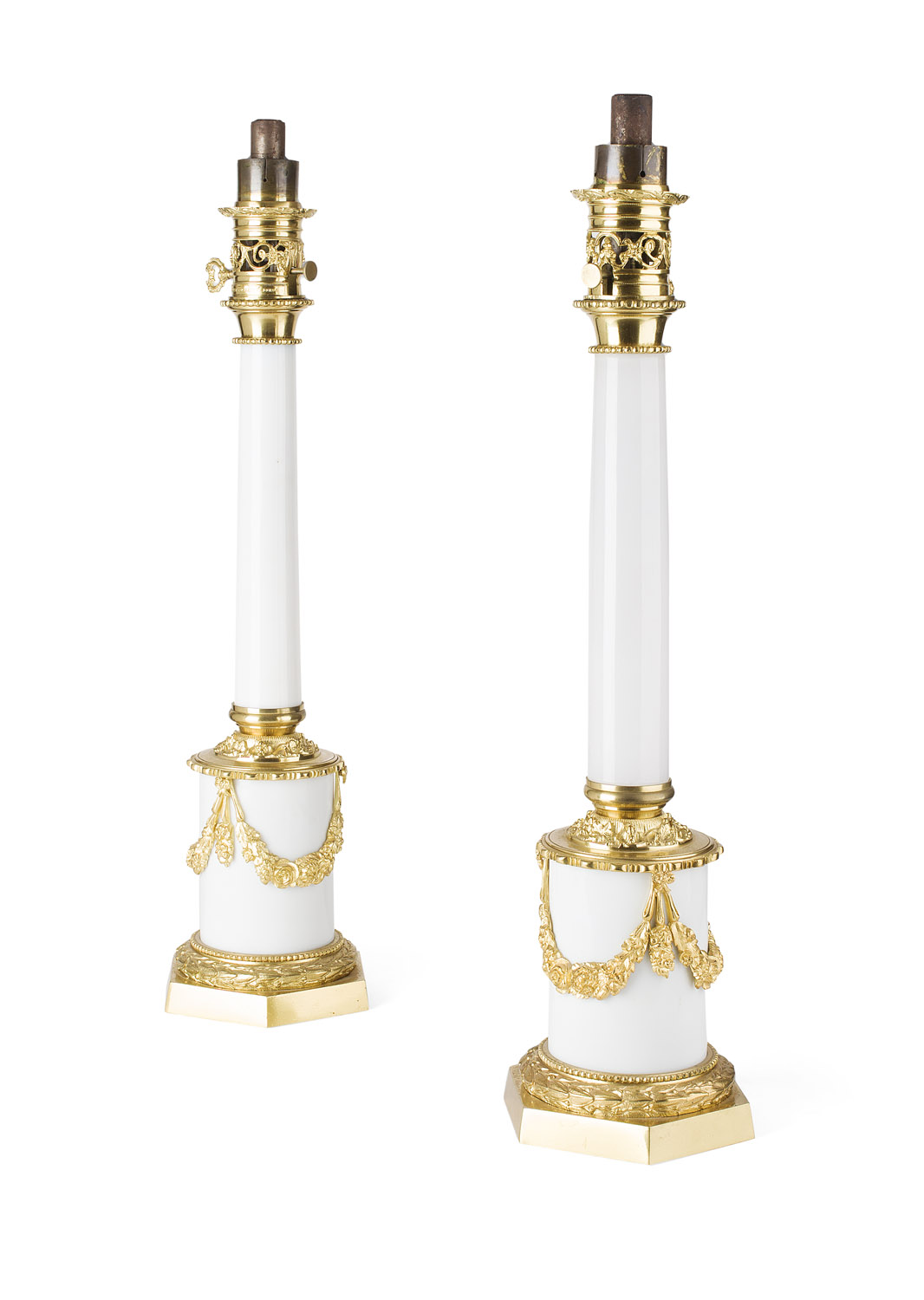 PAIR OF FRENCH WHITE OPALINE GLASS LAMPS