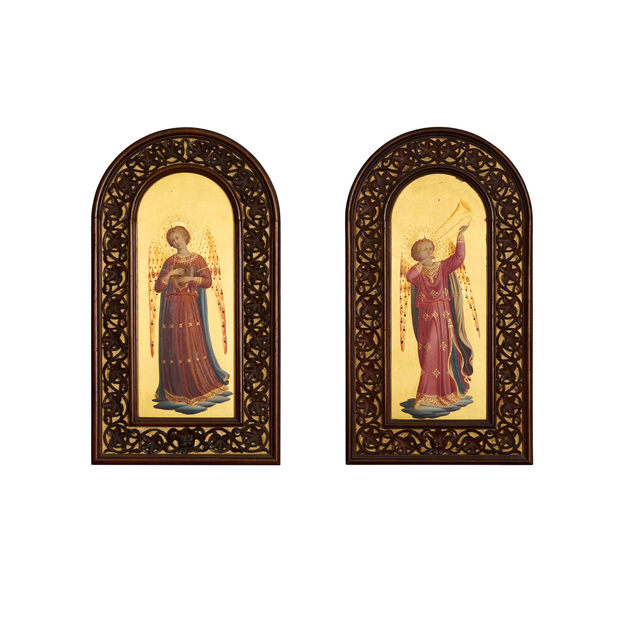 PAIR OF ITALIAN PAINTED GILTWOOD PLAQUES, IN THE MANNER OF FRA ANGELIO