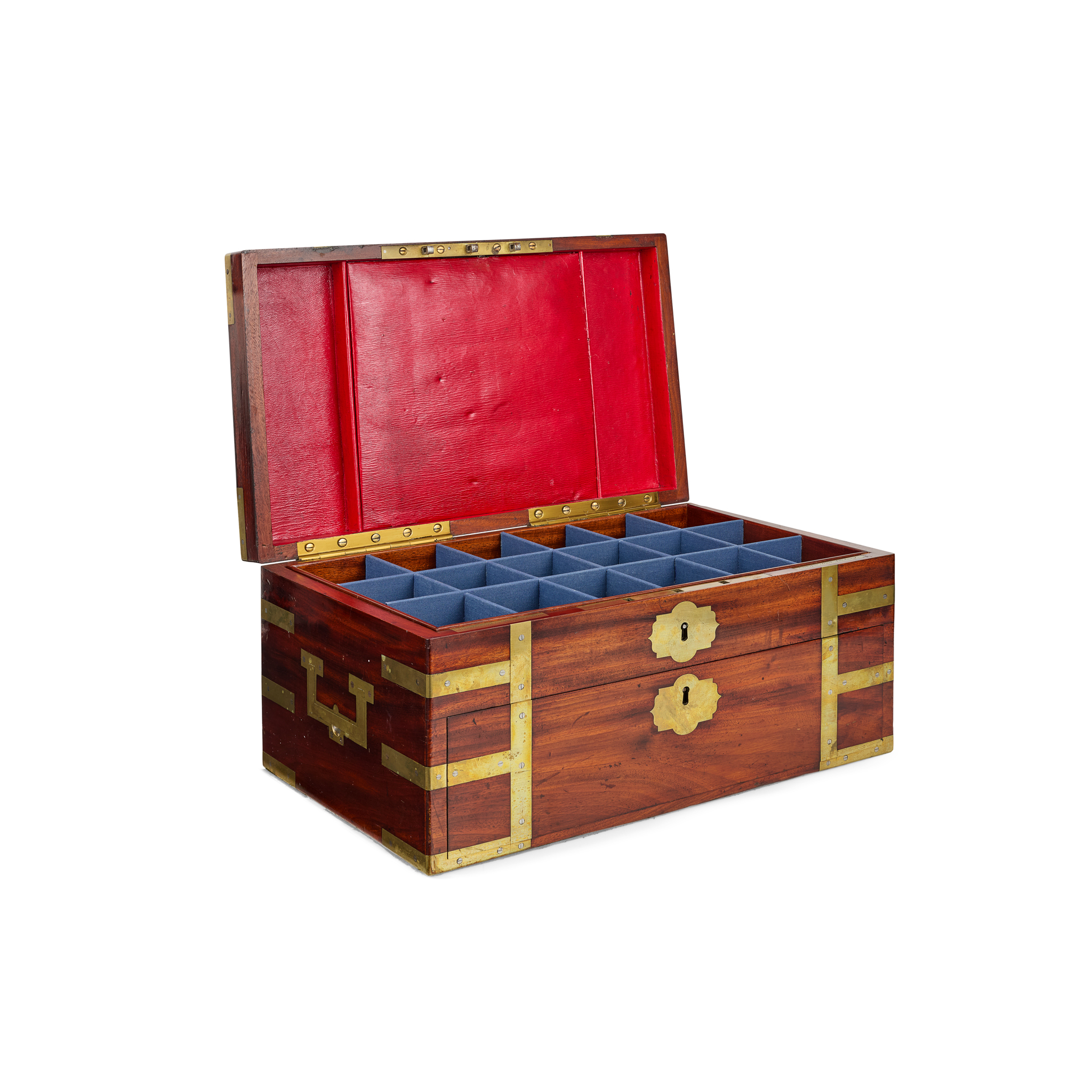 LATE GEORGE III MAHOGANY BRASS BANDED STATIONERY BOX, BY BAYLEY & BLEW, LONDON