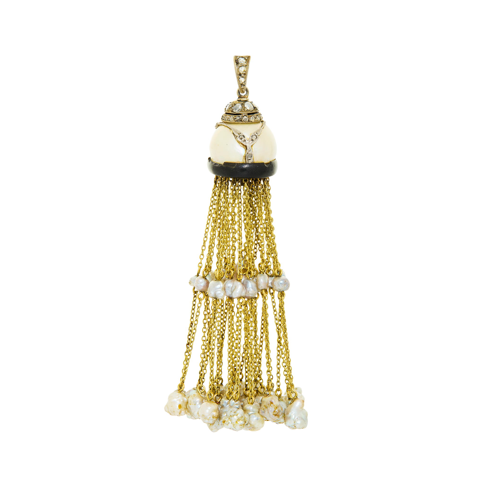 A pearl, onyx and diamond tassel pendant