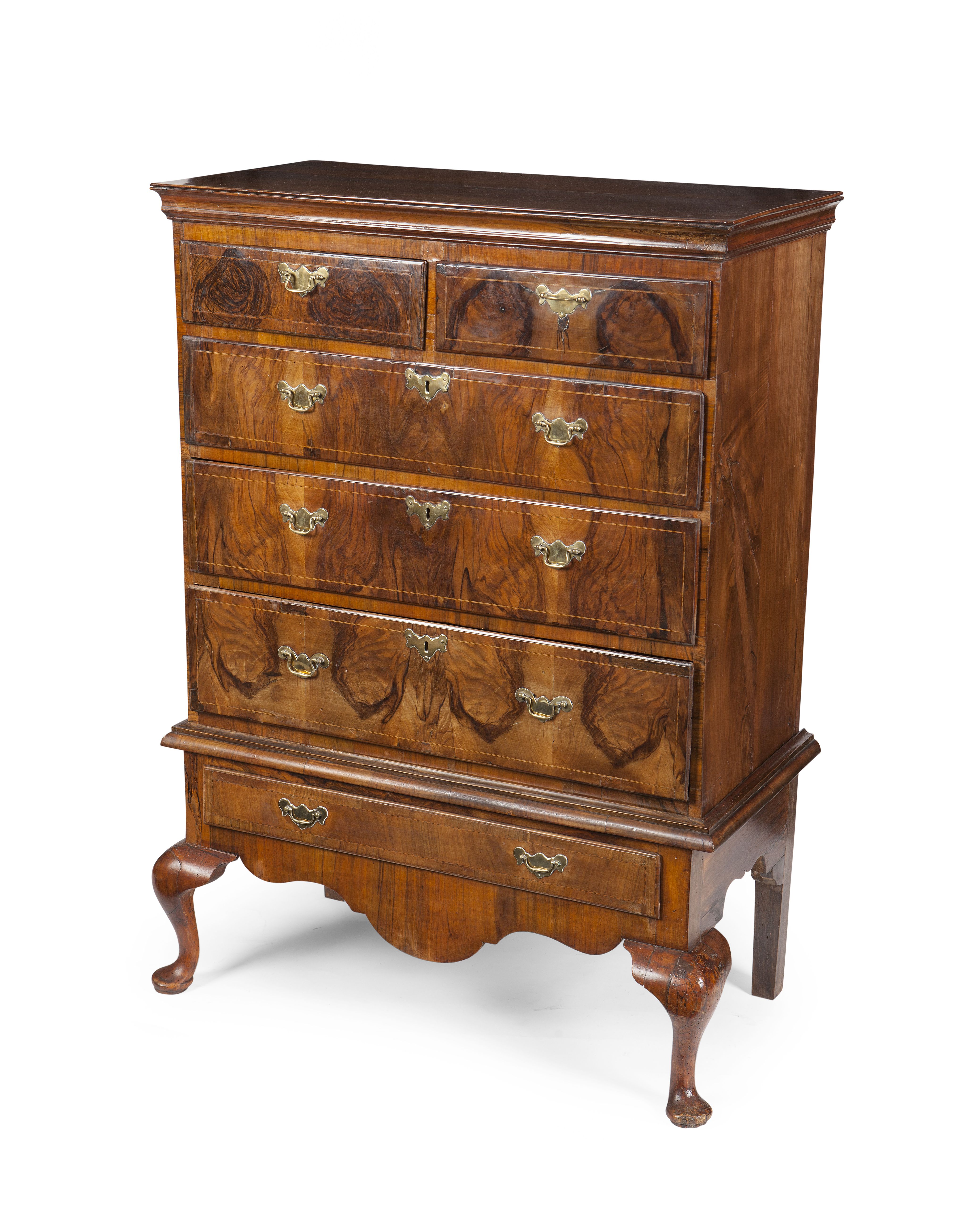 GEORGE I WALNUT AND INLAID CHEST ON STAND