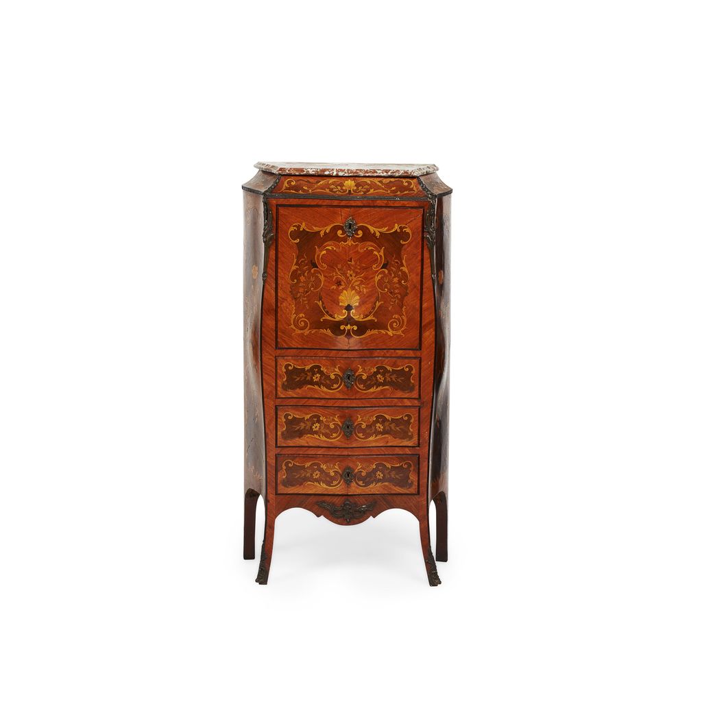 LOUIS XV STYLE KINGWOOD, AMARANTH AND MARQUETRY BOMBE SECRETAIRE A ABATTANT