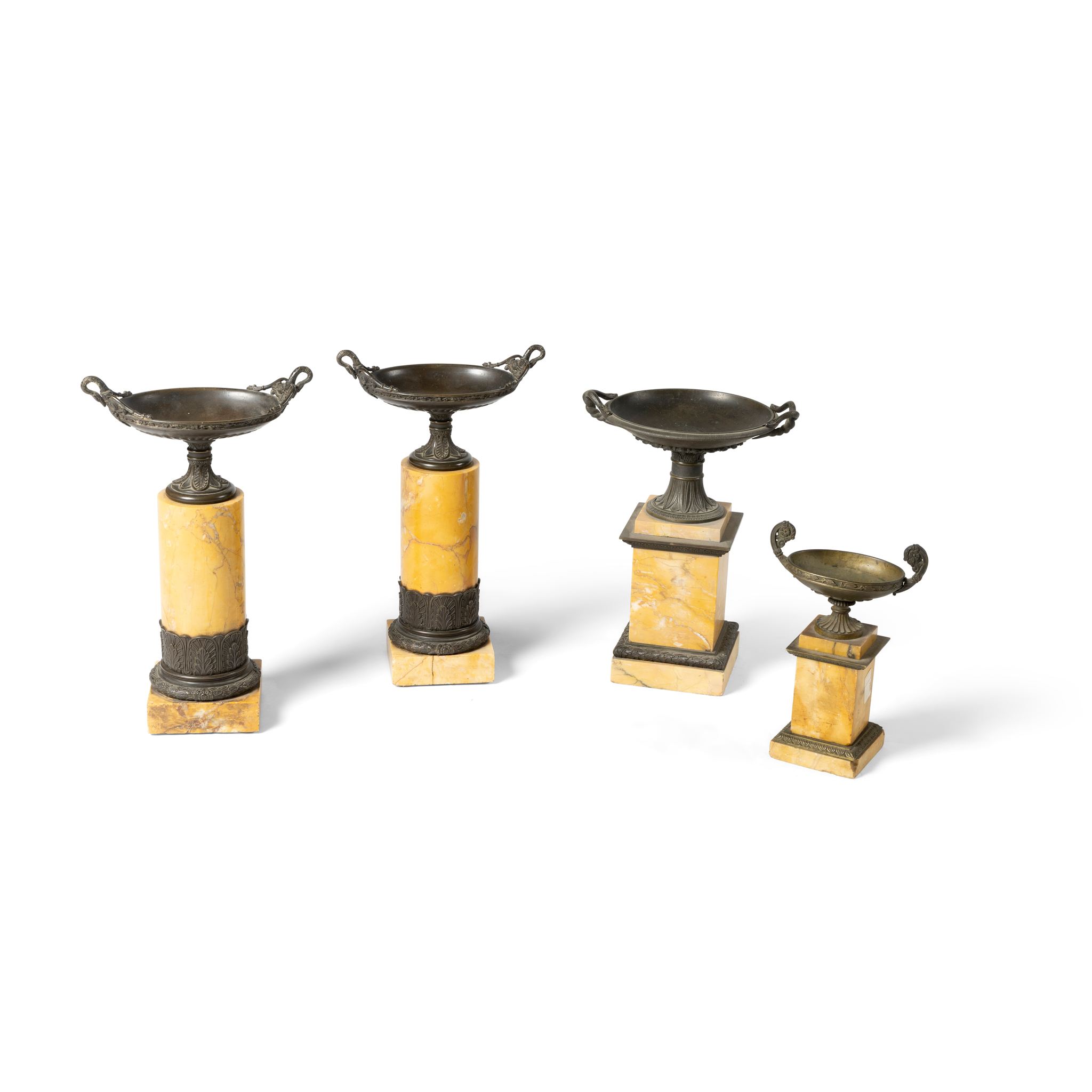 A PAIR OF BRONZE AND SIENNA MARBLE OVAL TAZZAE