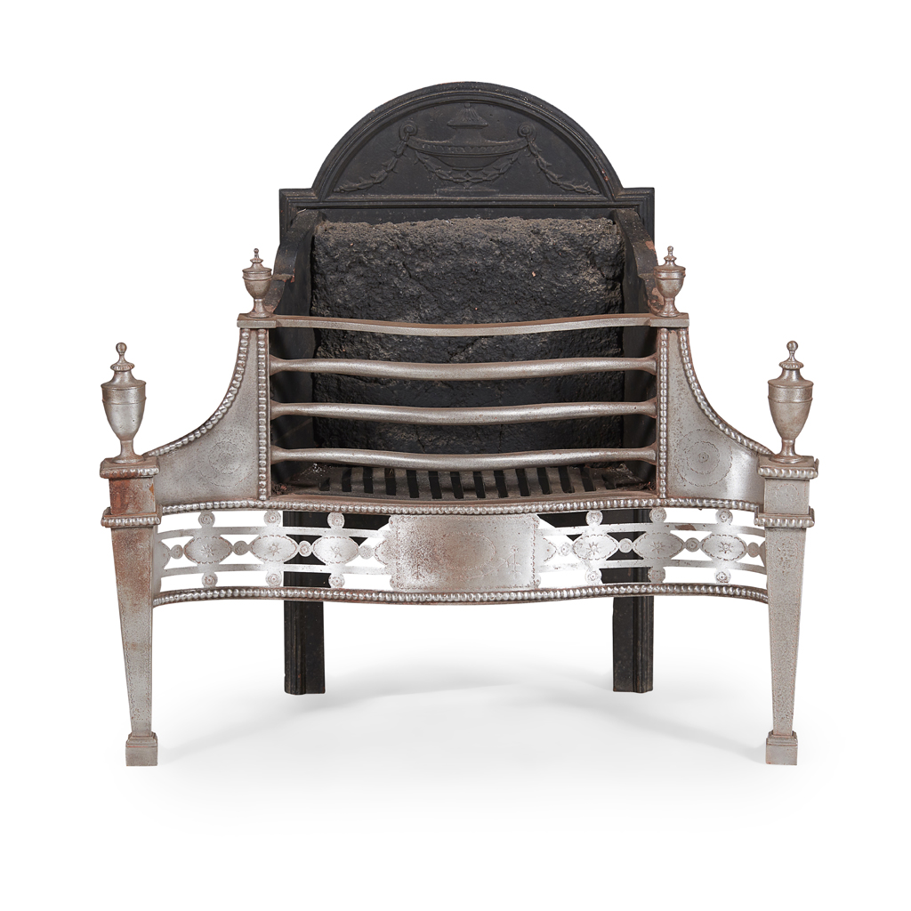 GEORGIAN STYLE STEEL AND CAST IRON FIRE BASKET, BY THOMAS ELSLEY